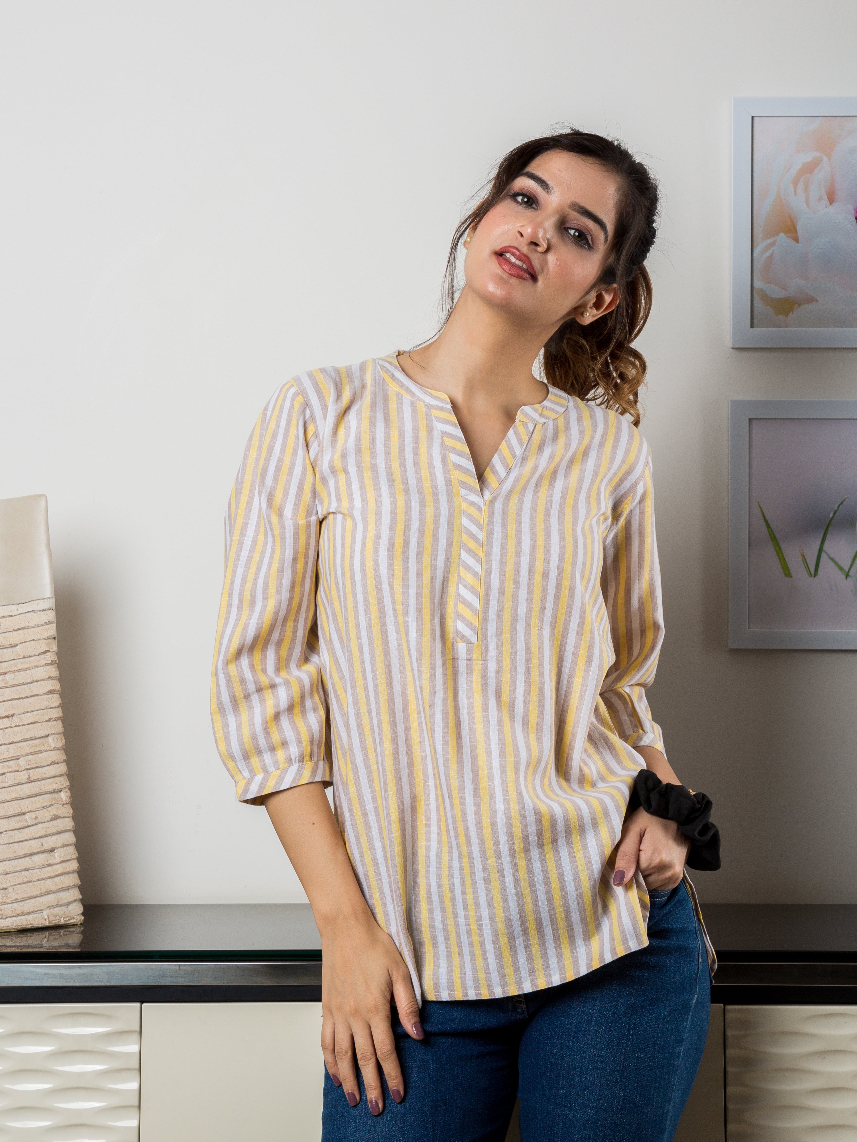 Women's Cotton Tunic in Yellow Stripes - Front 2