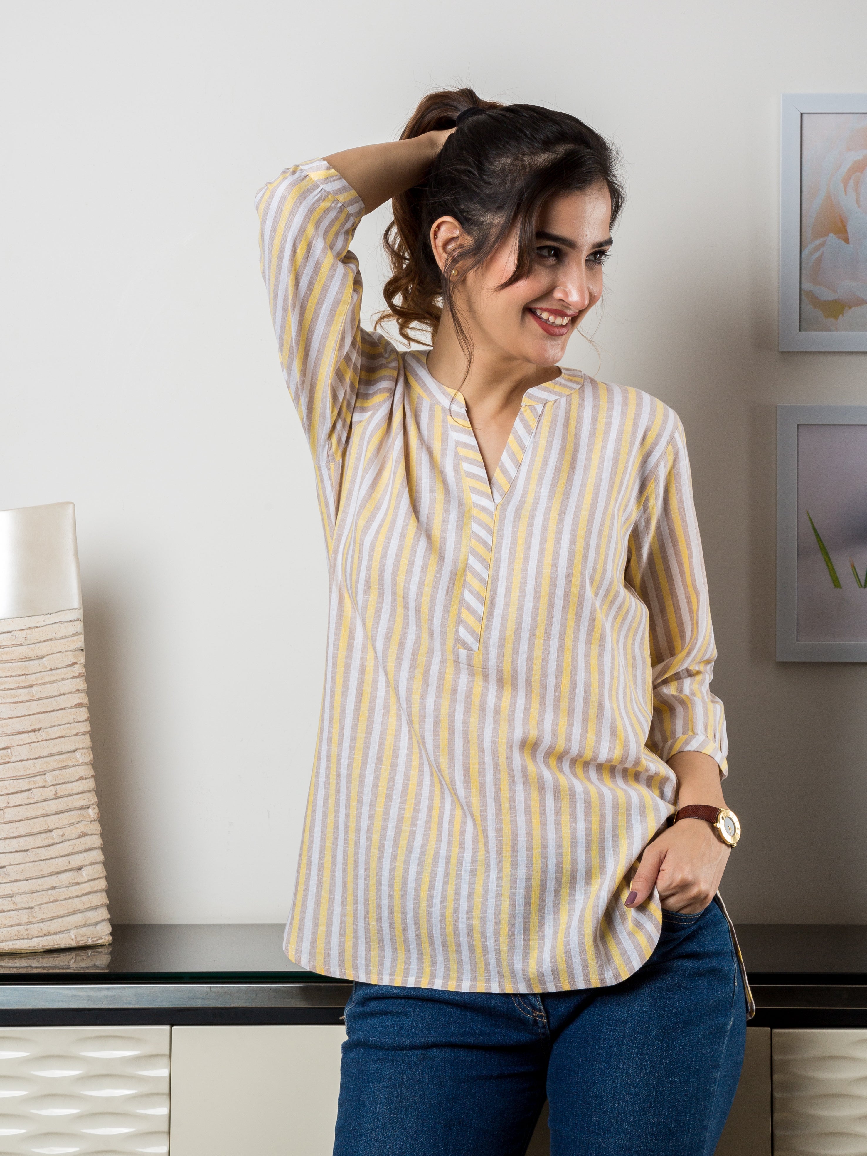 Women's Cotton Tunic in Yellow Stripes - Front