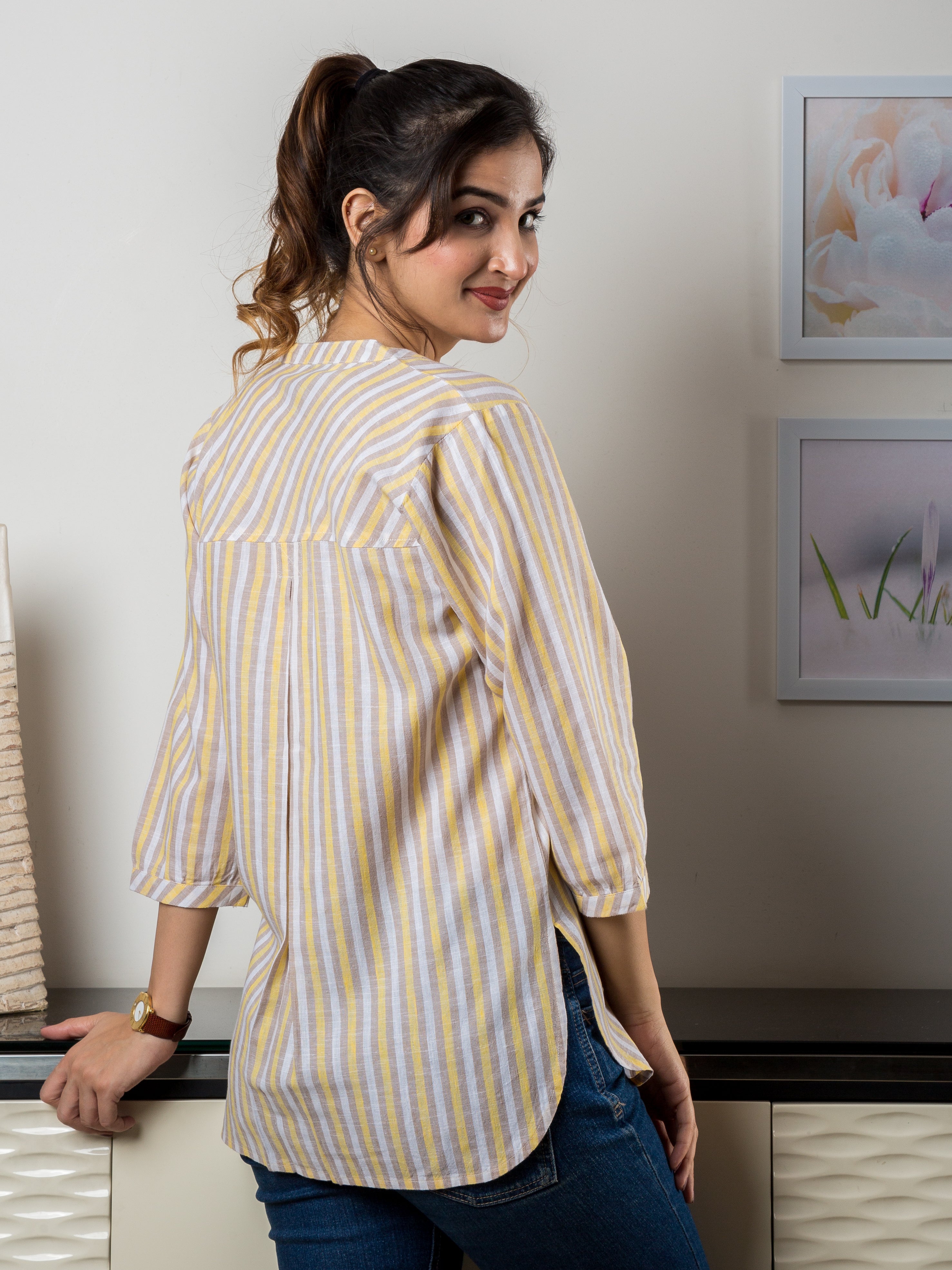 Women's Cotton Tunic in Yellow Stripes - Back