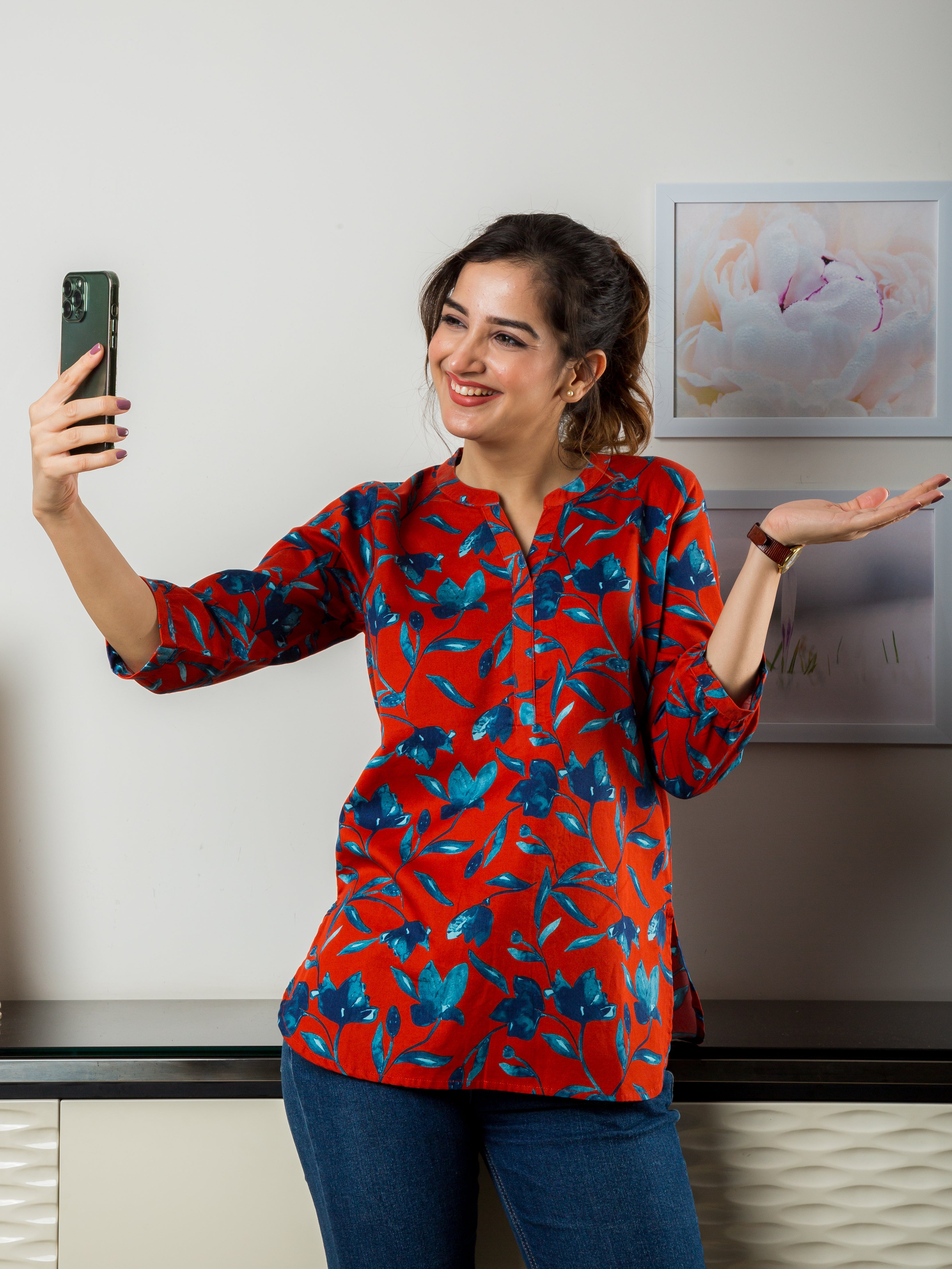 Women's Cotton Tunic in Red and Vibrant Blue Floral Print - Front 2