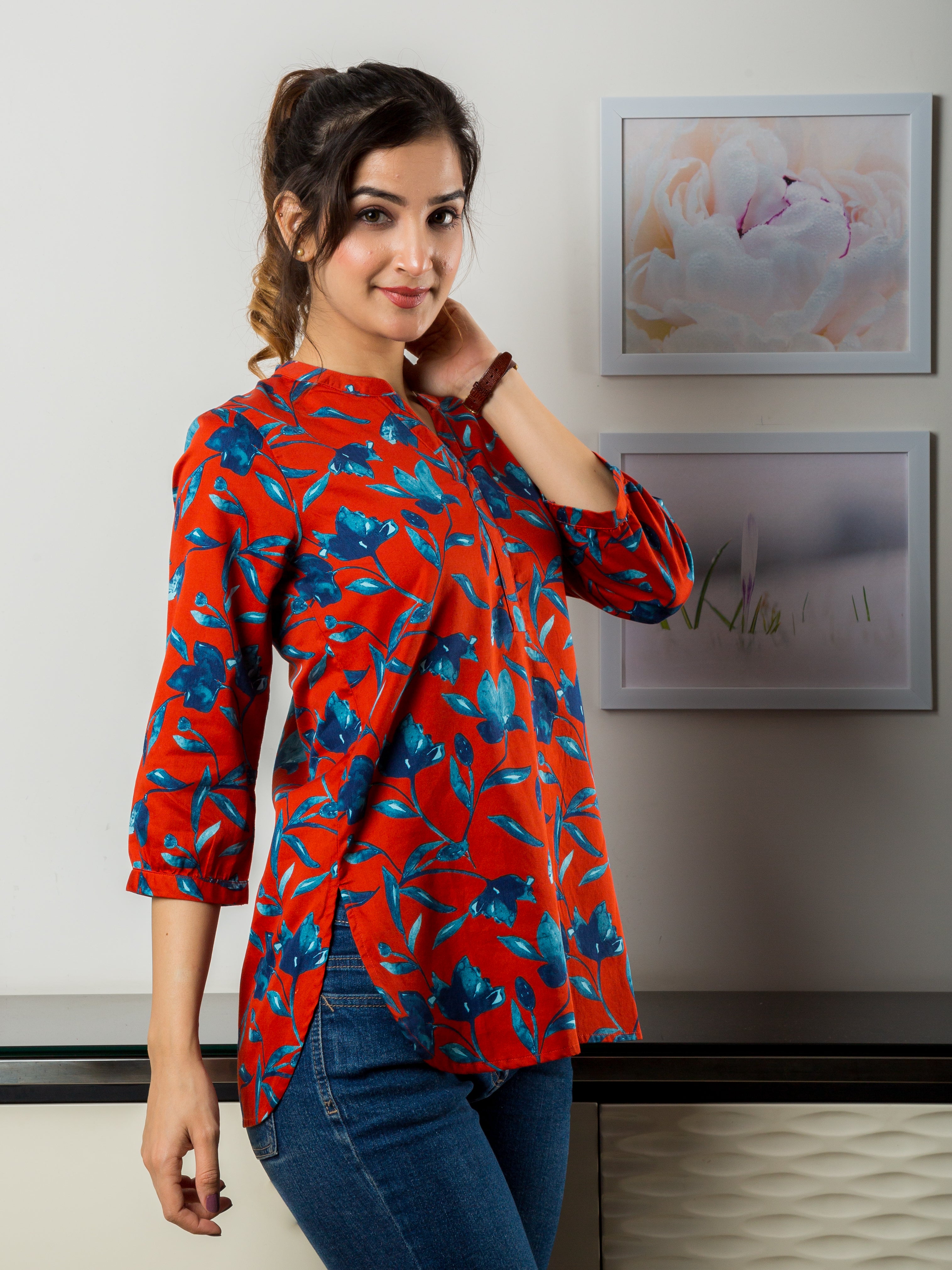 Women's Cotton Tunic in Red and Vibrant Blue Floral Print - Side