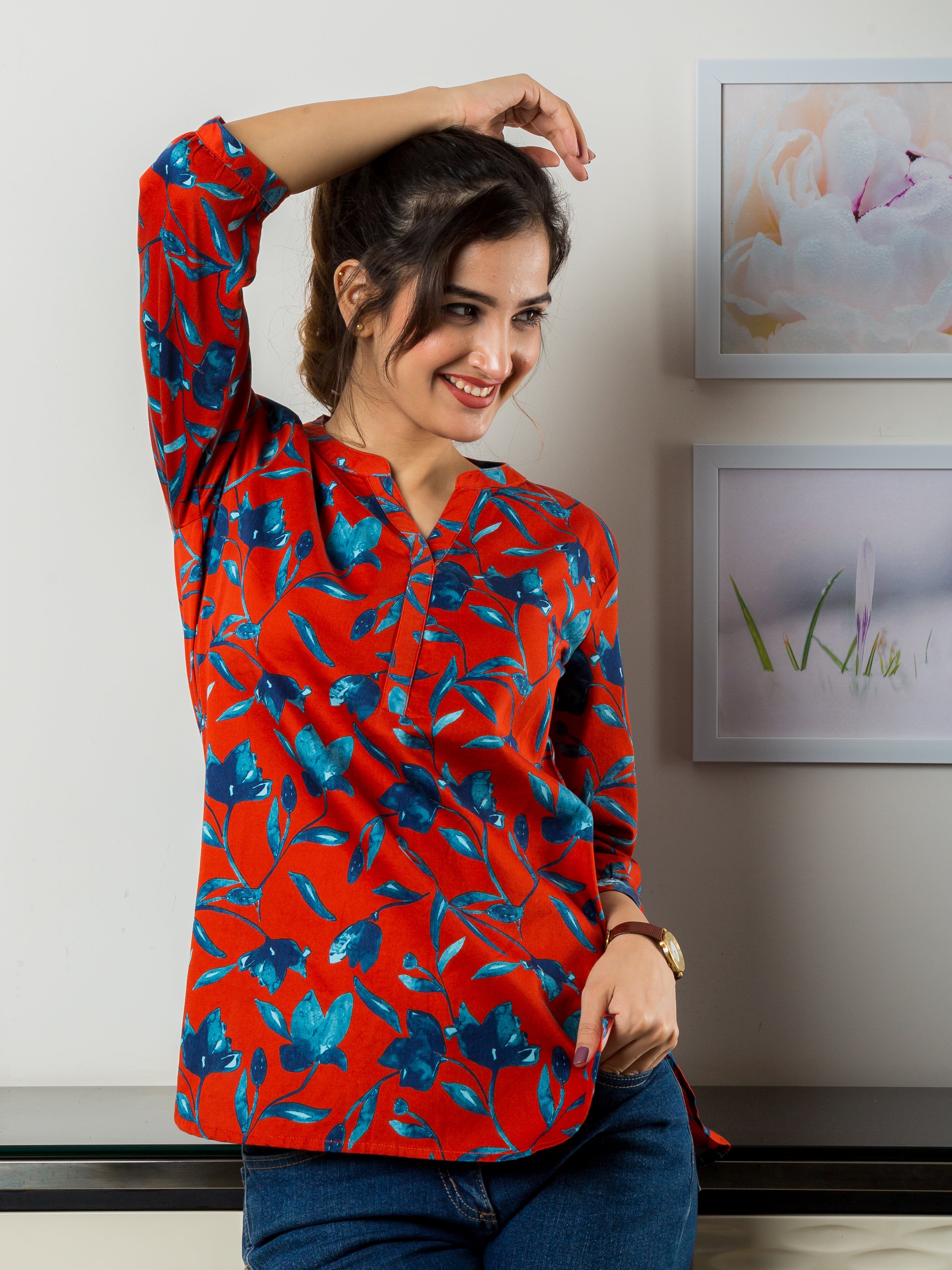Women's Cotton Tunic in Red and Vibrant Blue Floral Print - Front