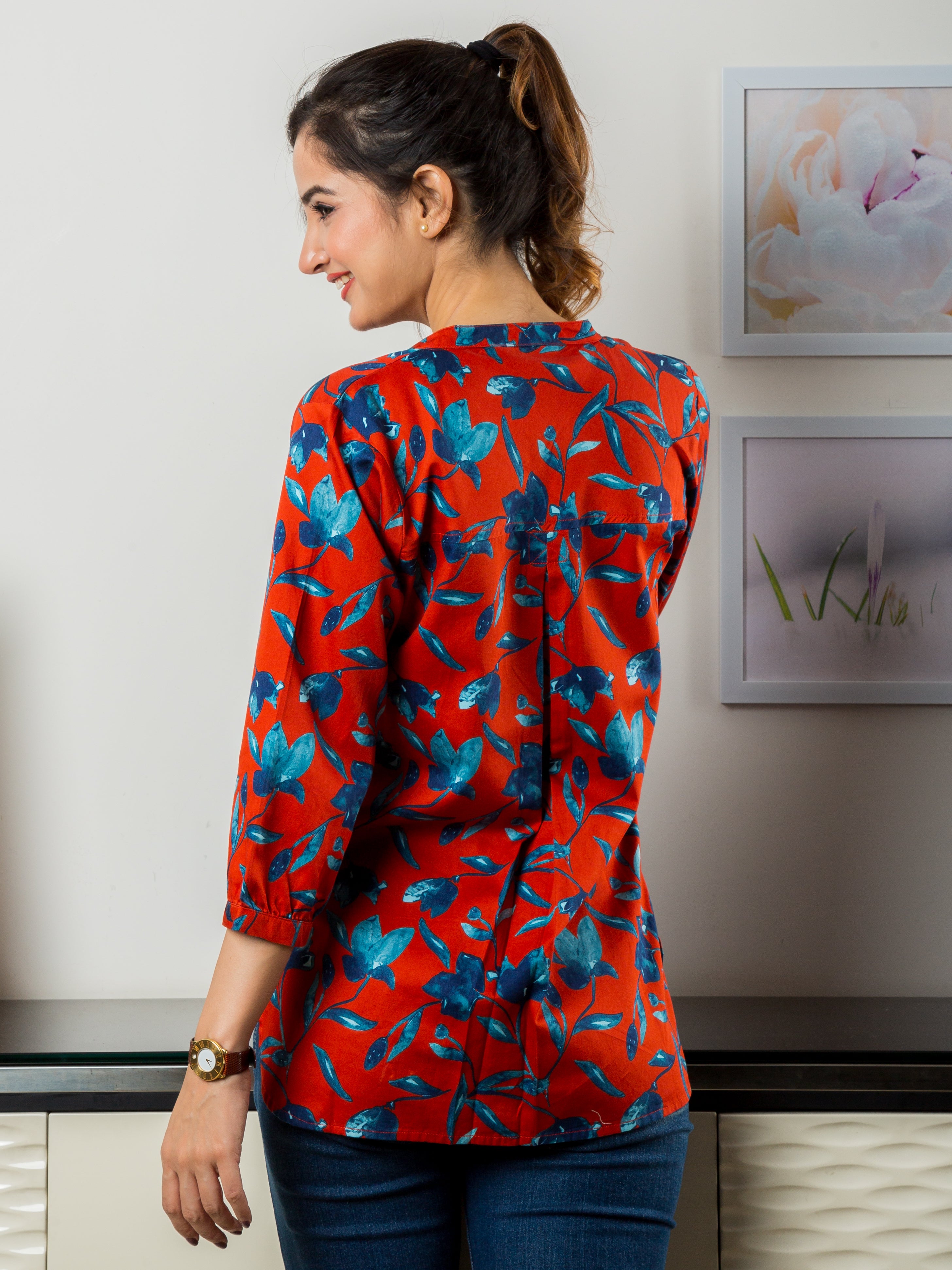 Women's Cotton Tunic in Red and Vibrant Blue Floral Print - Back