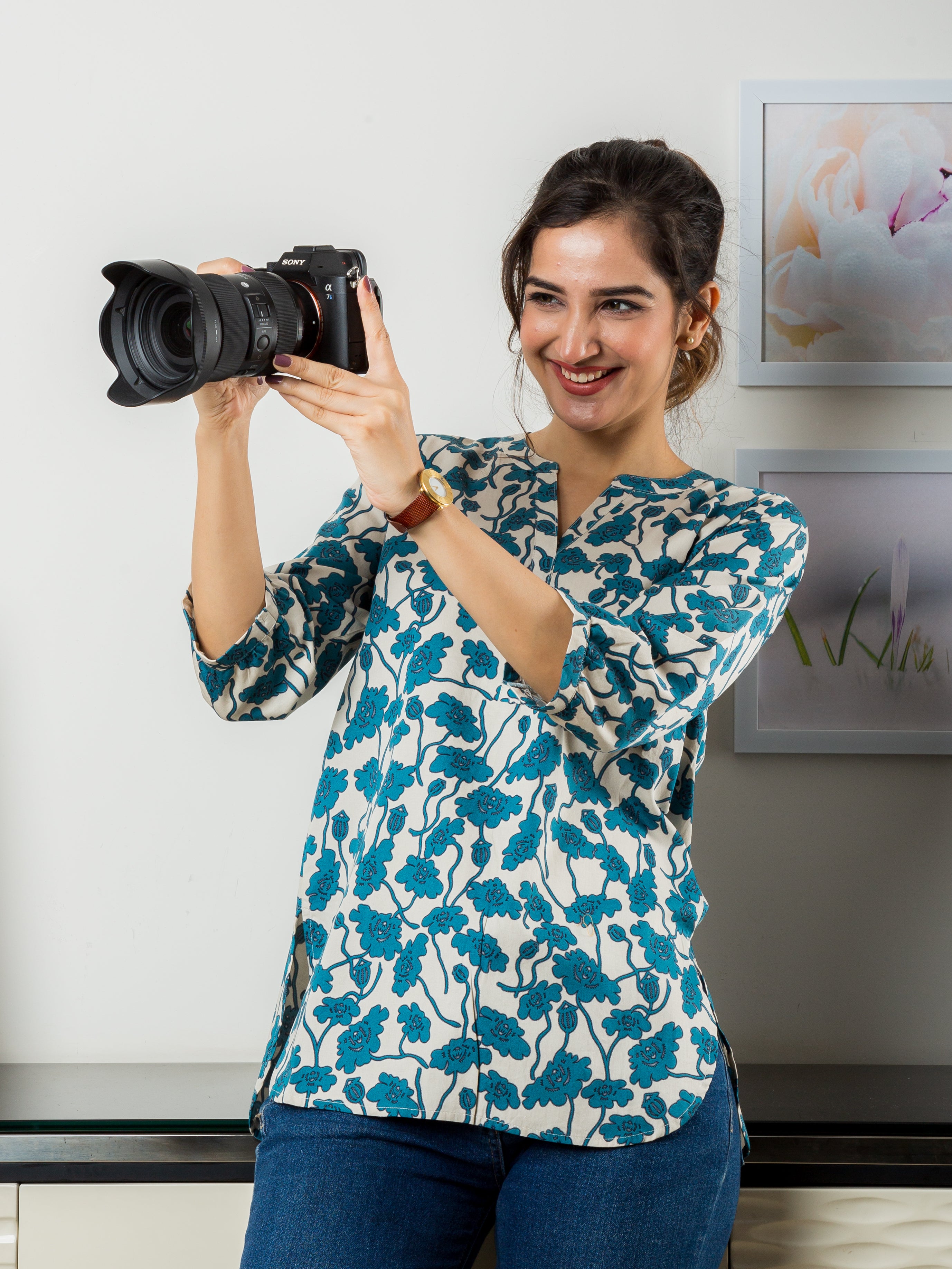 Women's Cotton Satin Top in Blue Floral Print - Front