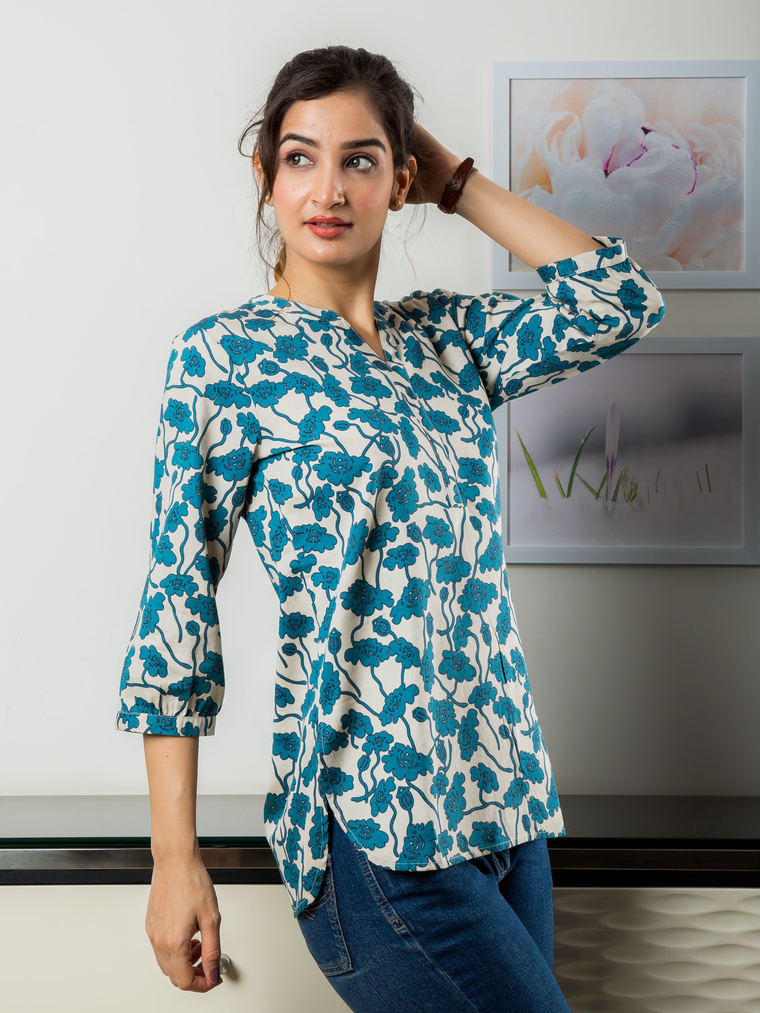 Women's Cotton Satin Top in Blue Floral Print - Side