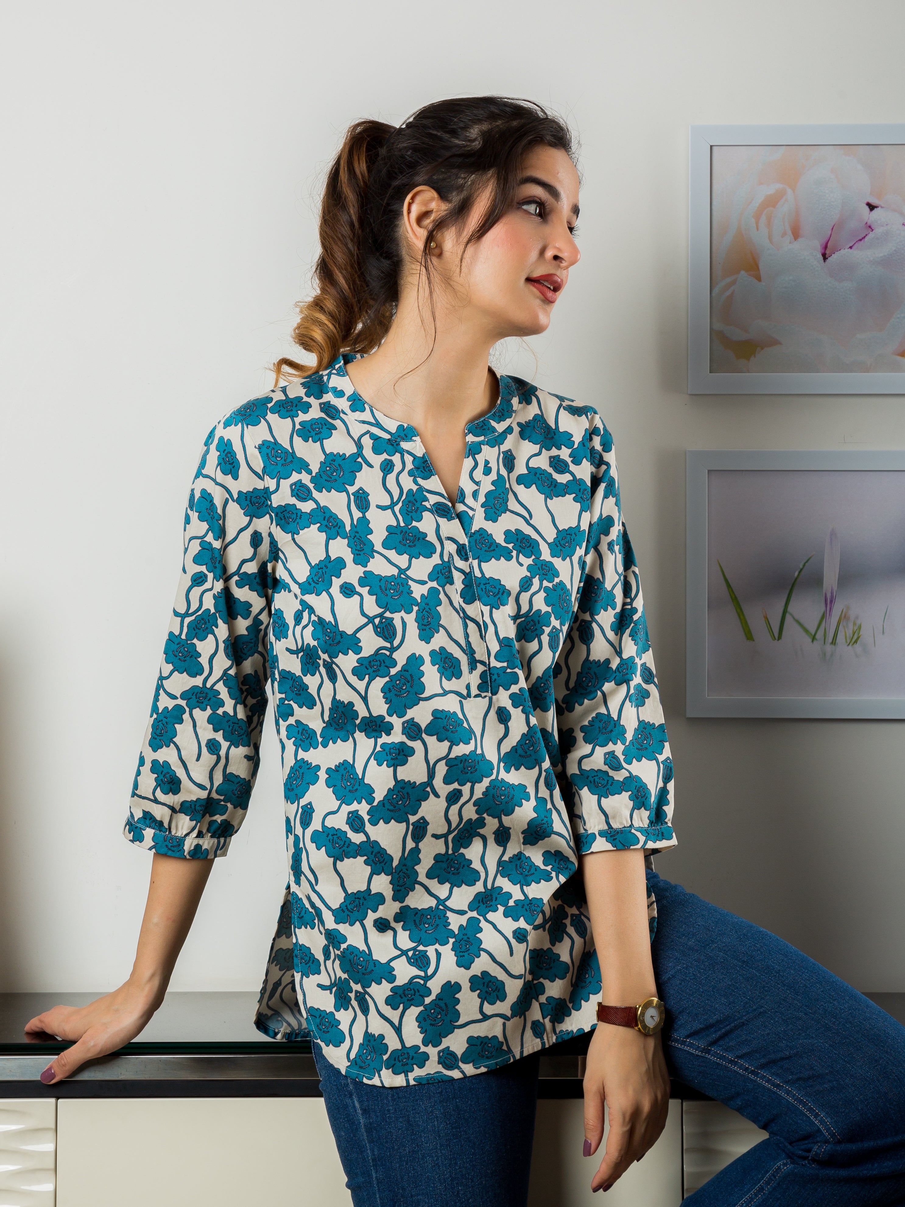 Women's Cotton Satin Top in Blue Floral Print - Front 2