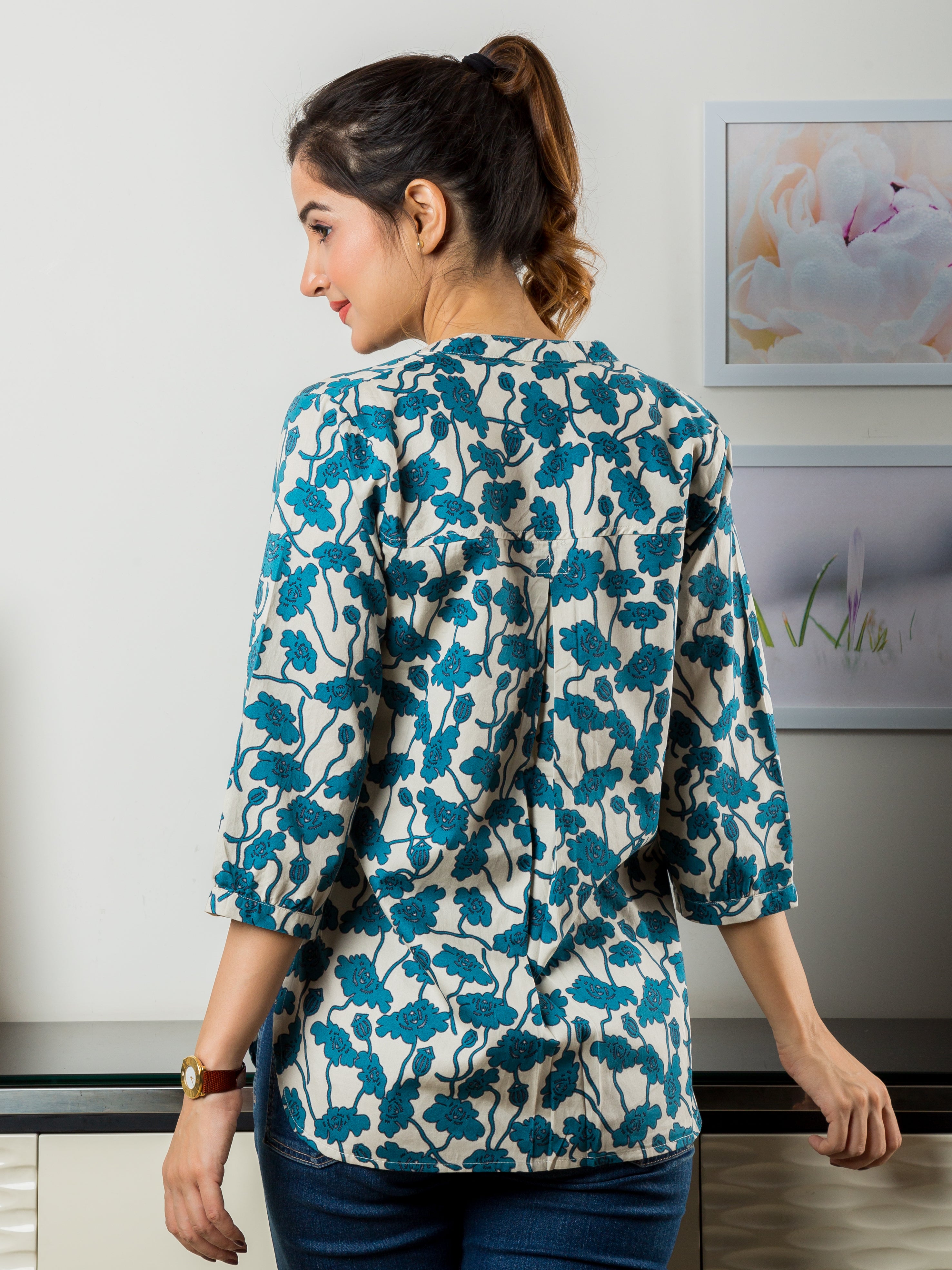 Women's Cotton Satin Top in Blue Floral Print - Back