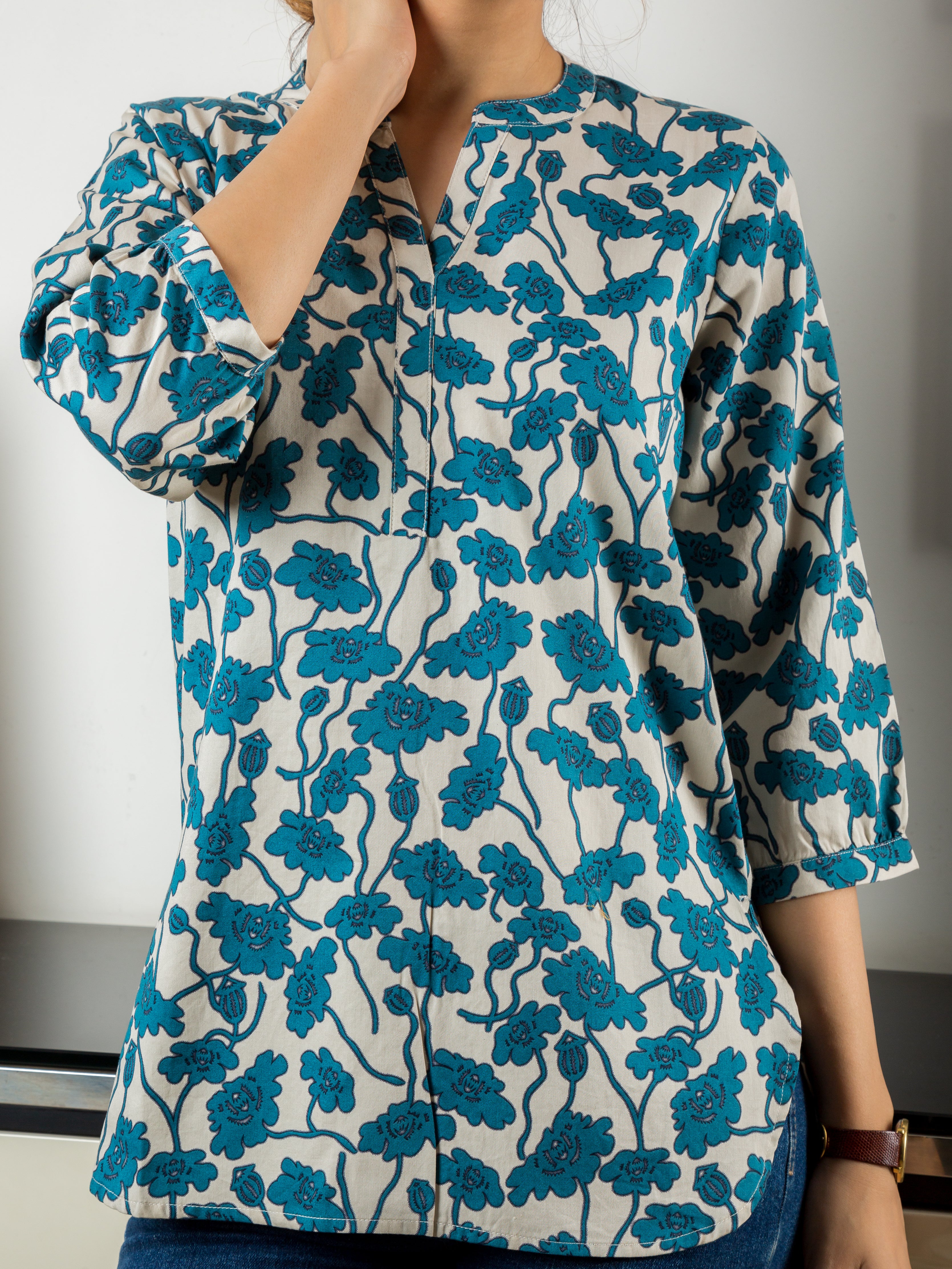 Women's Cotton Satin Top in Blue Floral Print - Close Up