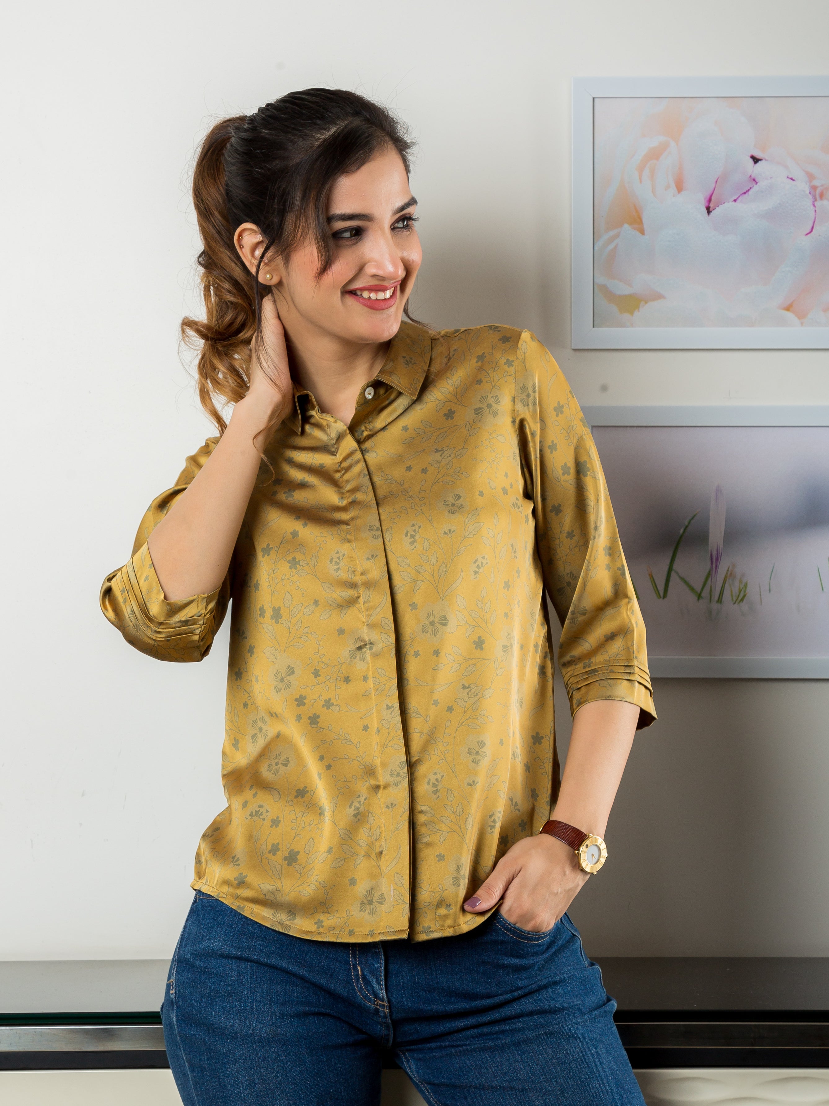 Women's Satin Shirt in Mustard with Floral Print - Front