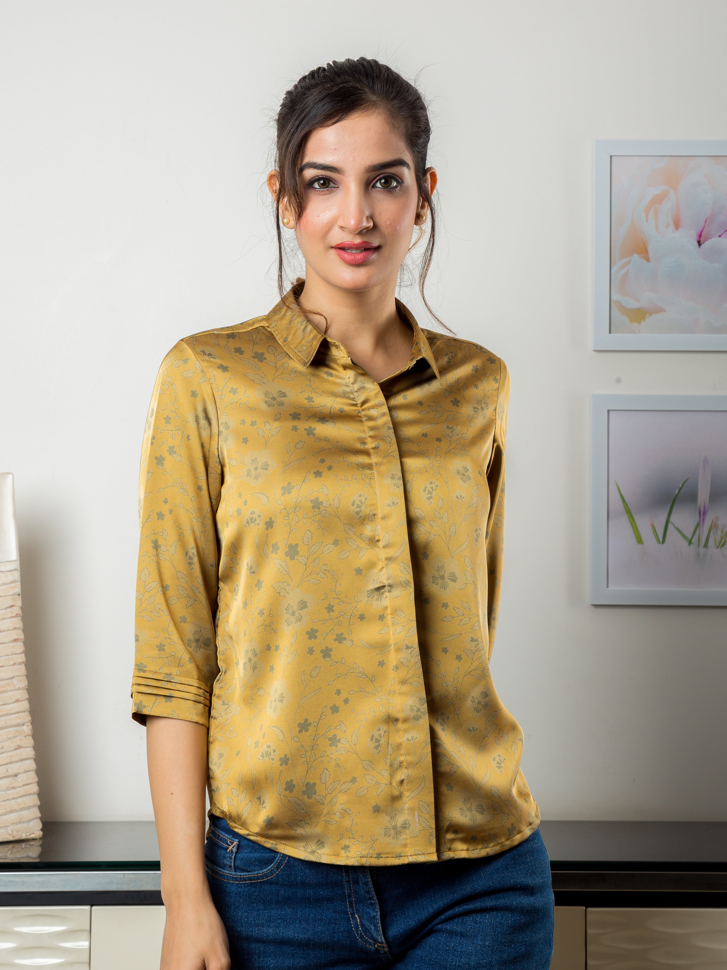 Women's Satin Shirt in Mustard with Floral Print - Front 2