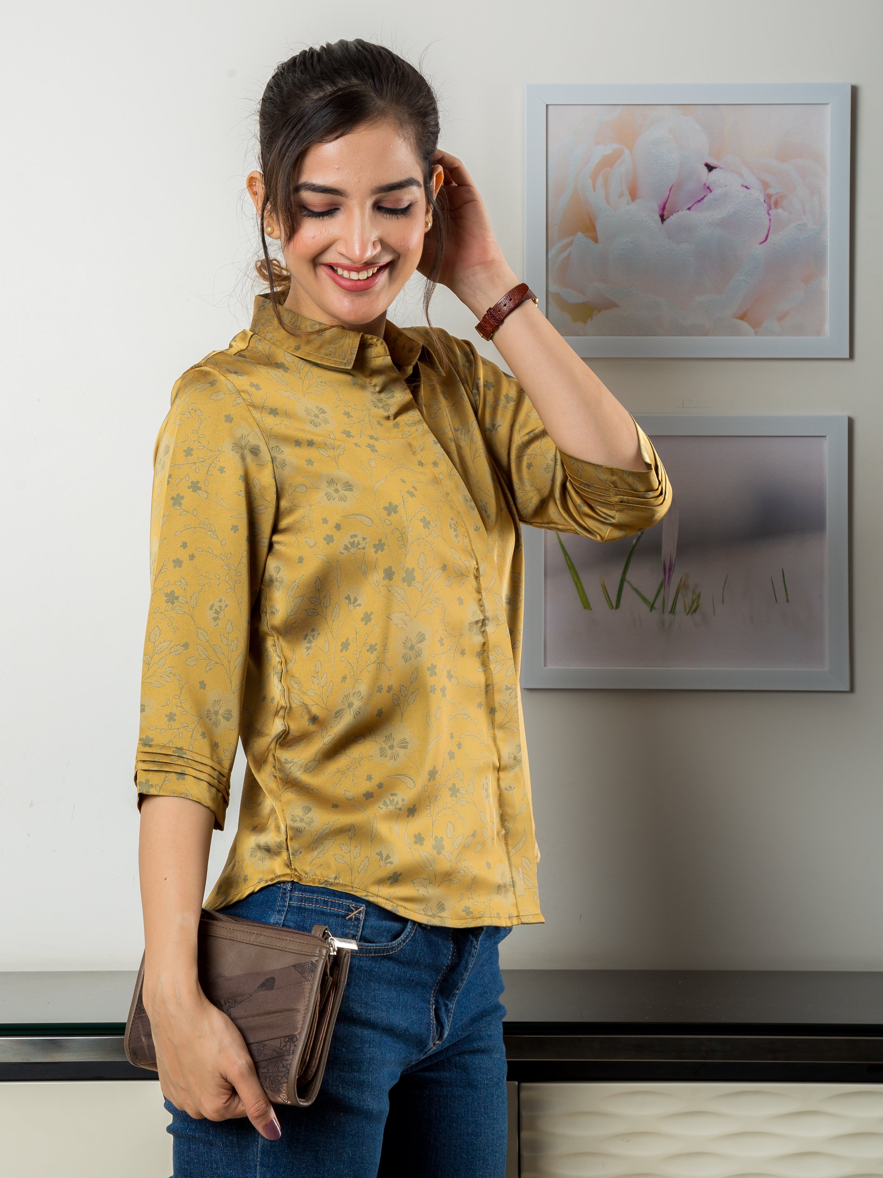 Women's Satin Shirt in Mustard with Floral Print - Side
