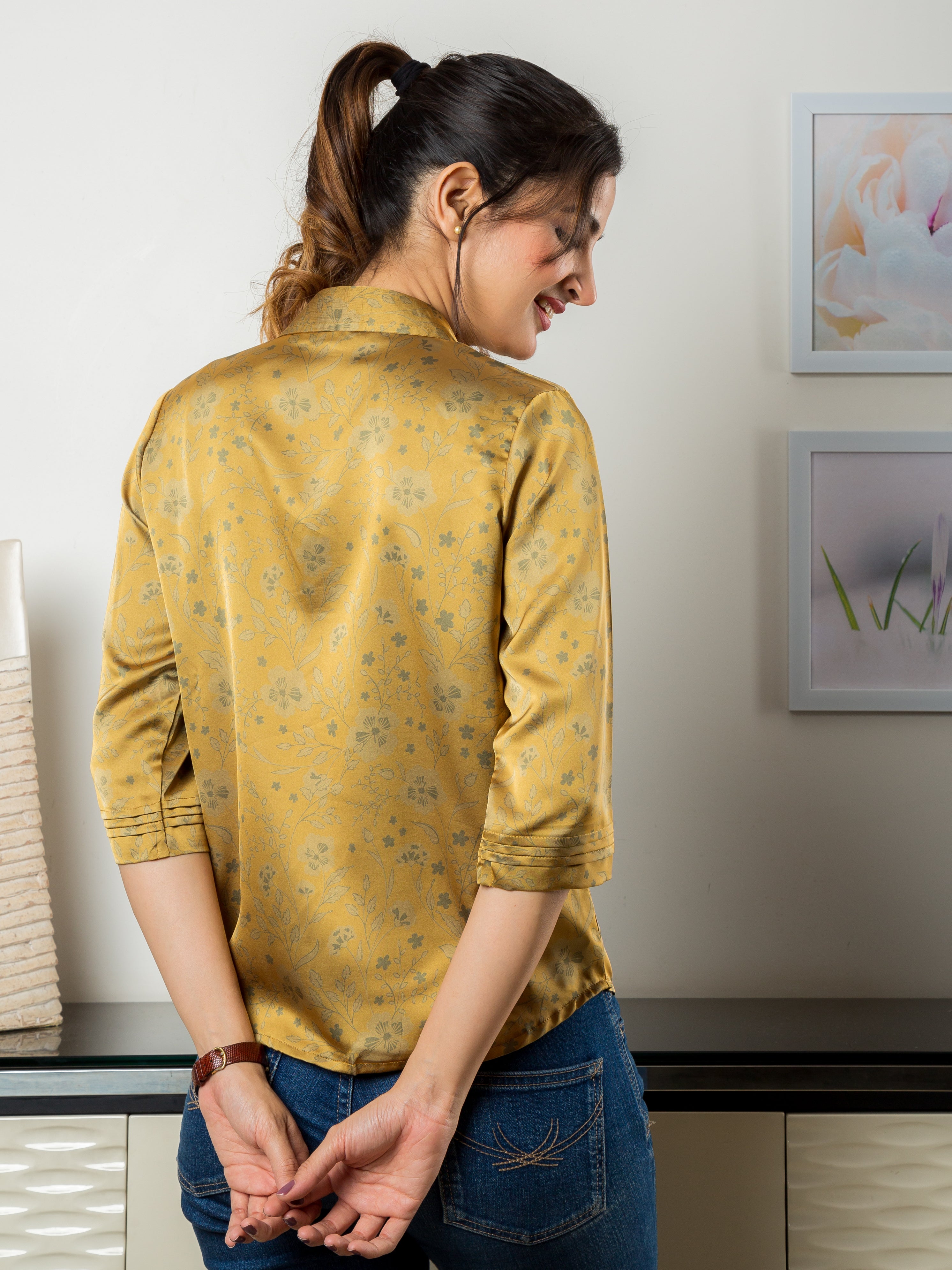 Women's Satin Shirt in Mustard with Floral Print - Back