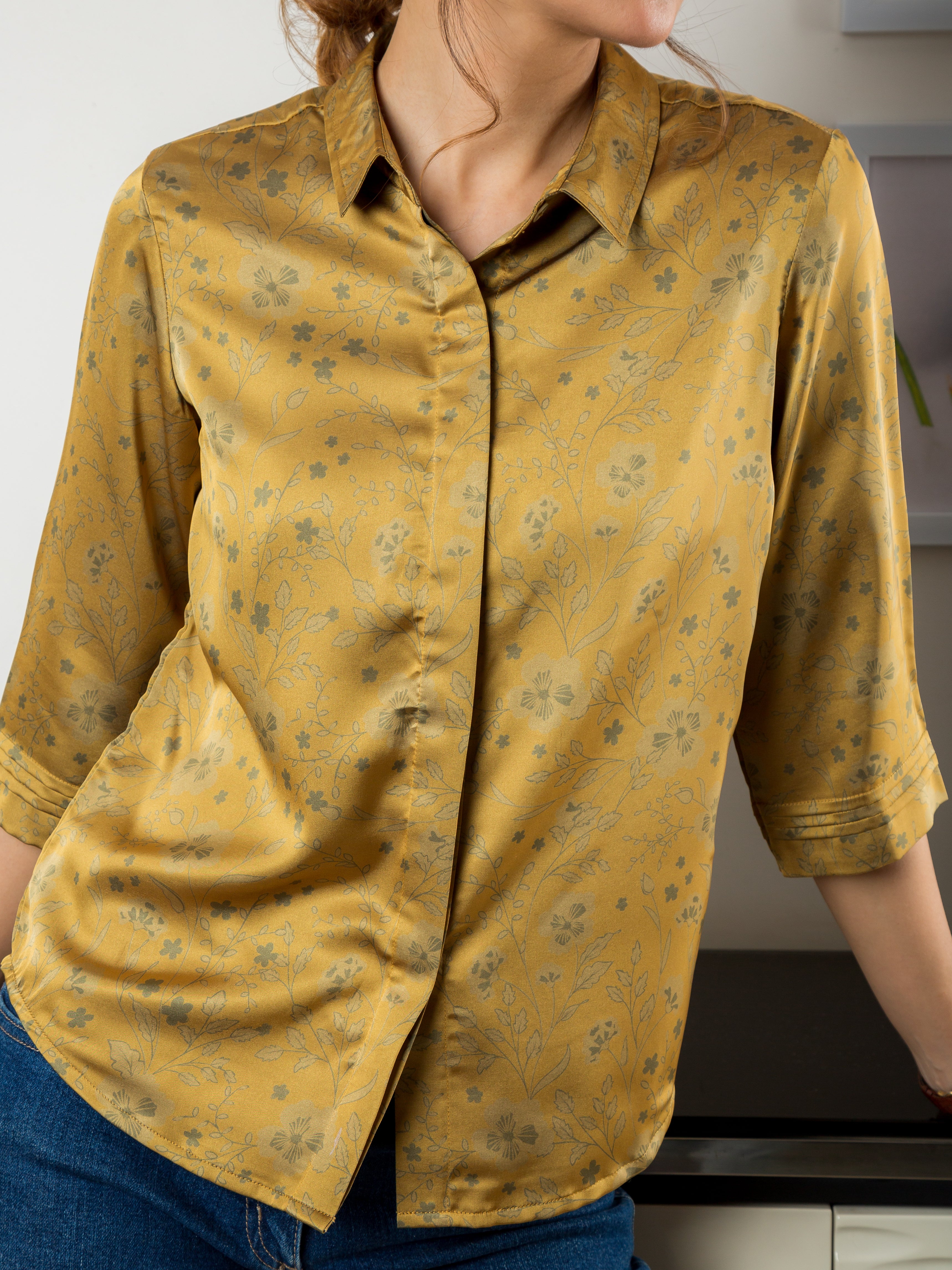 Women's Satin Shirt in Mustard with Floral Print - Close up