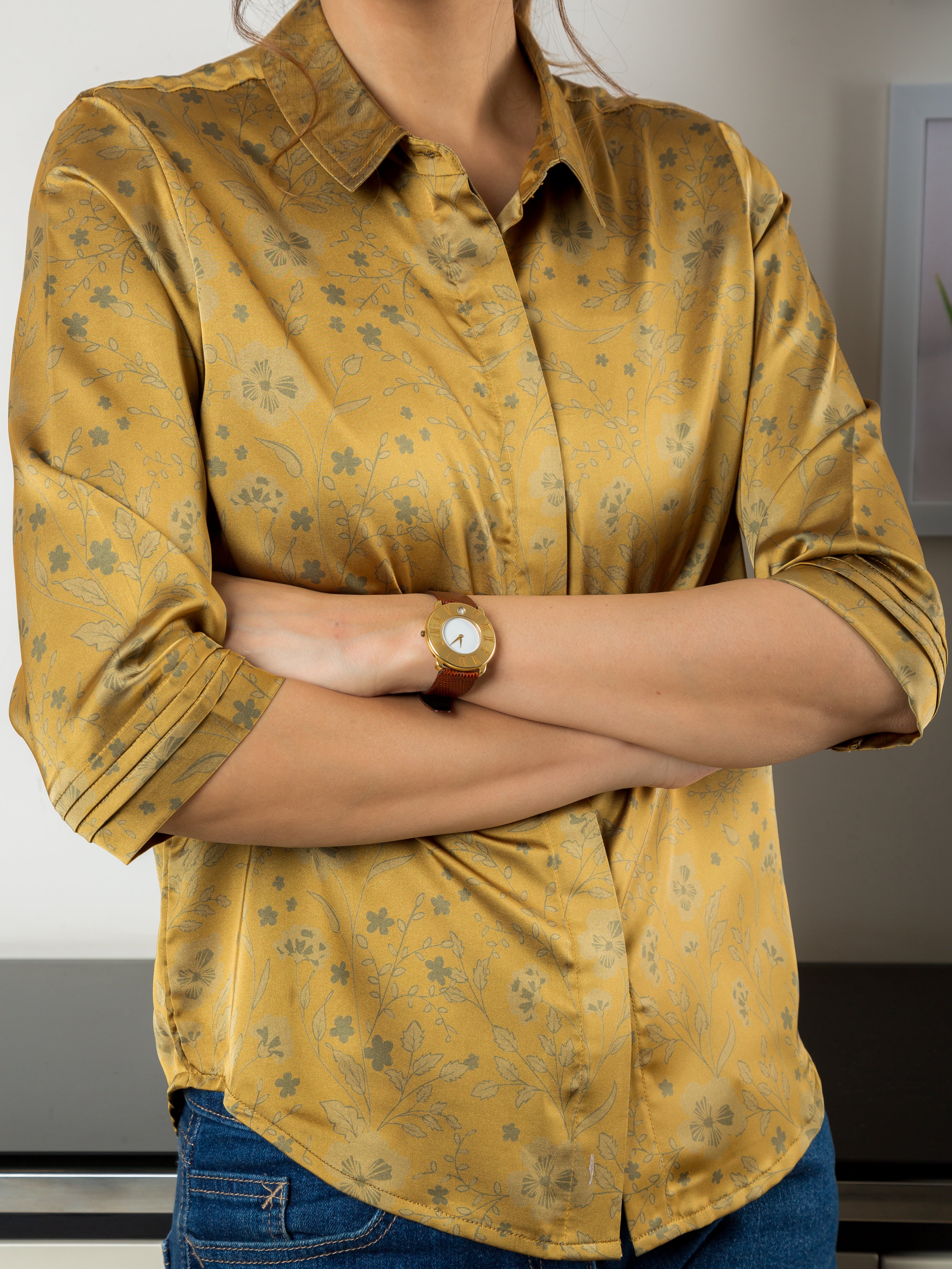 Women's Satin Shirt in Mustard with Floral Print - Close up 2