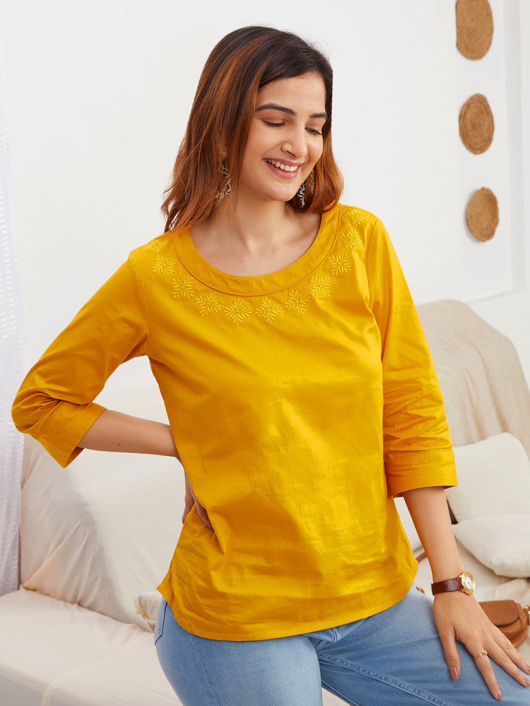 Women's Cotton Top in Yellow - Front
