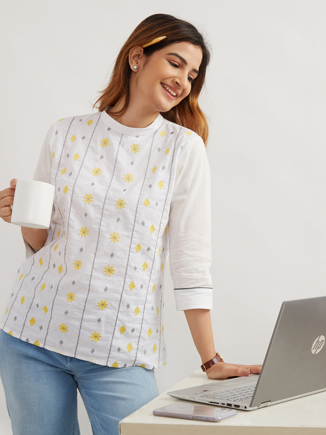 Women's Cotton Top with Yellow Daisies - Front 3