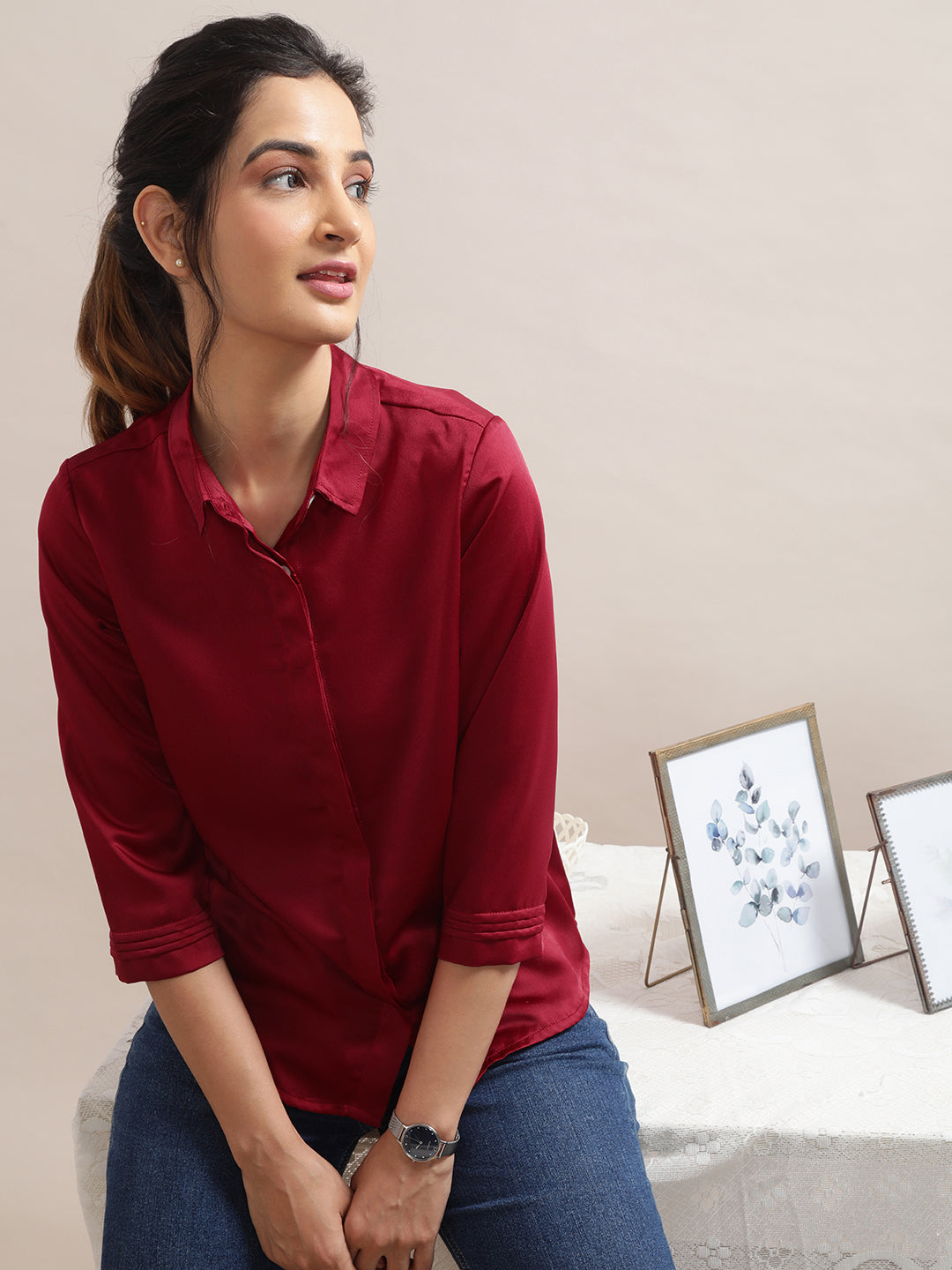 Women's Satin Shirt in Red - Sitting 2