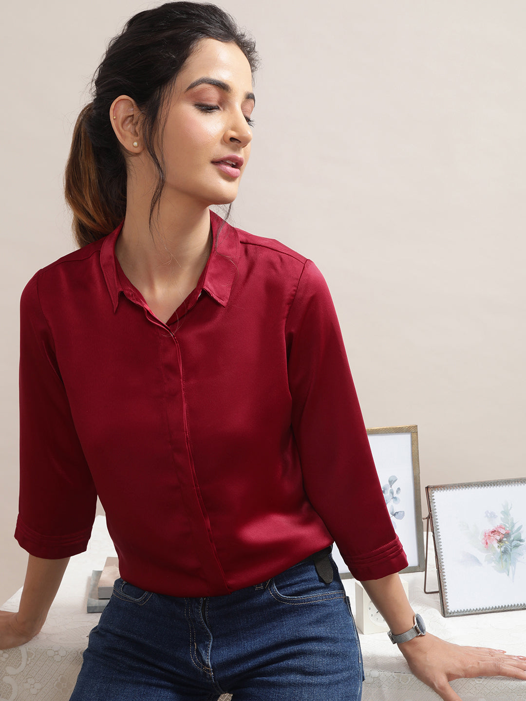 Women's Satin Shirt in Red - Sitting 3