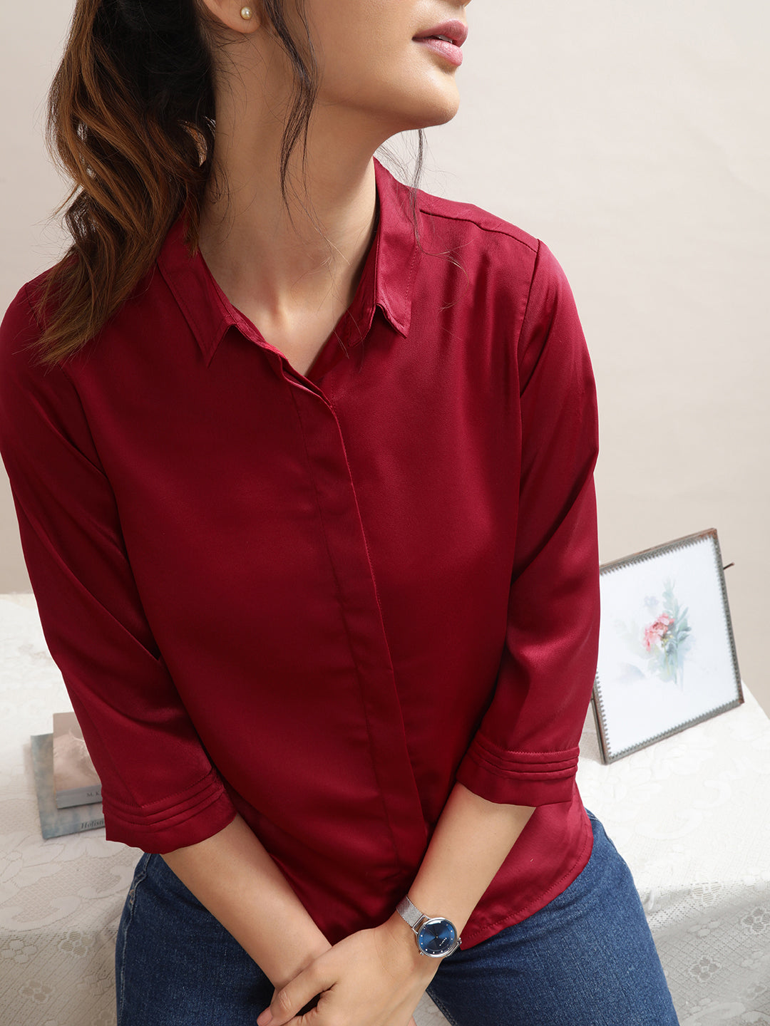 Women's Satin Shirt in Red - Sitting 4