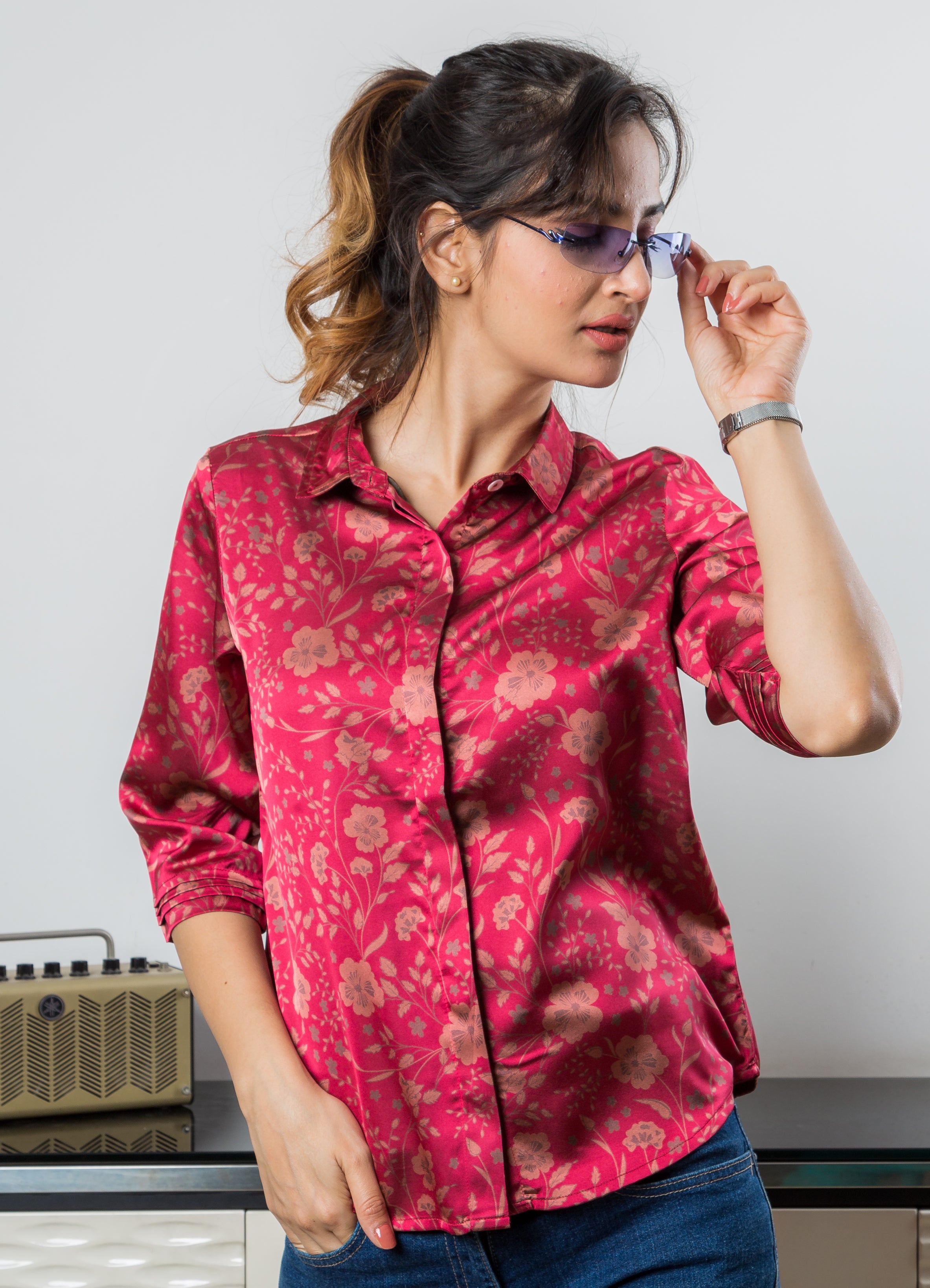 Women's Satin Shirt in Pink with Peach Floral Print - Front 2
