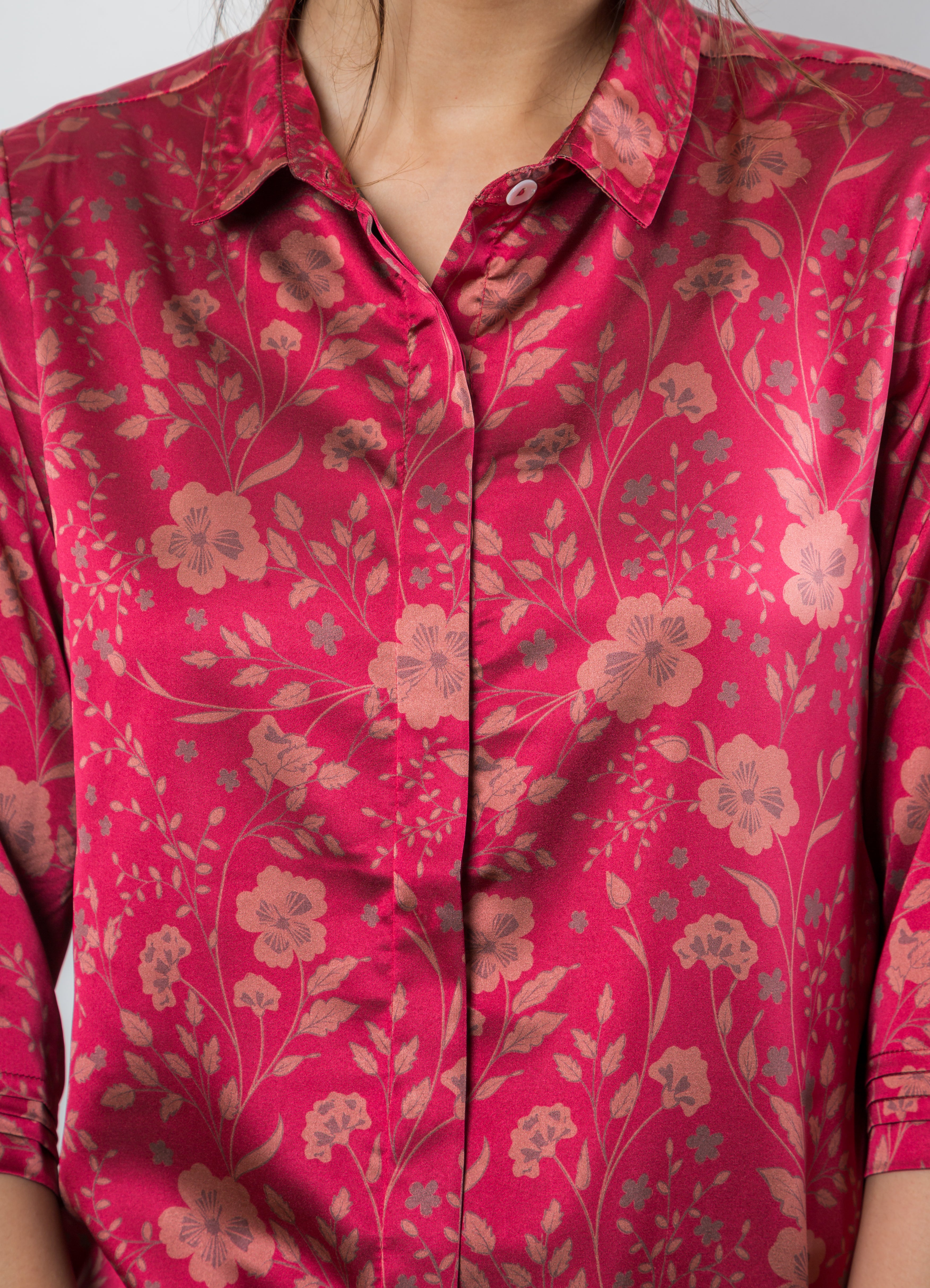 Women's Satin Shirt in Pink with Peach Floral Print - Close up