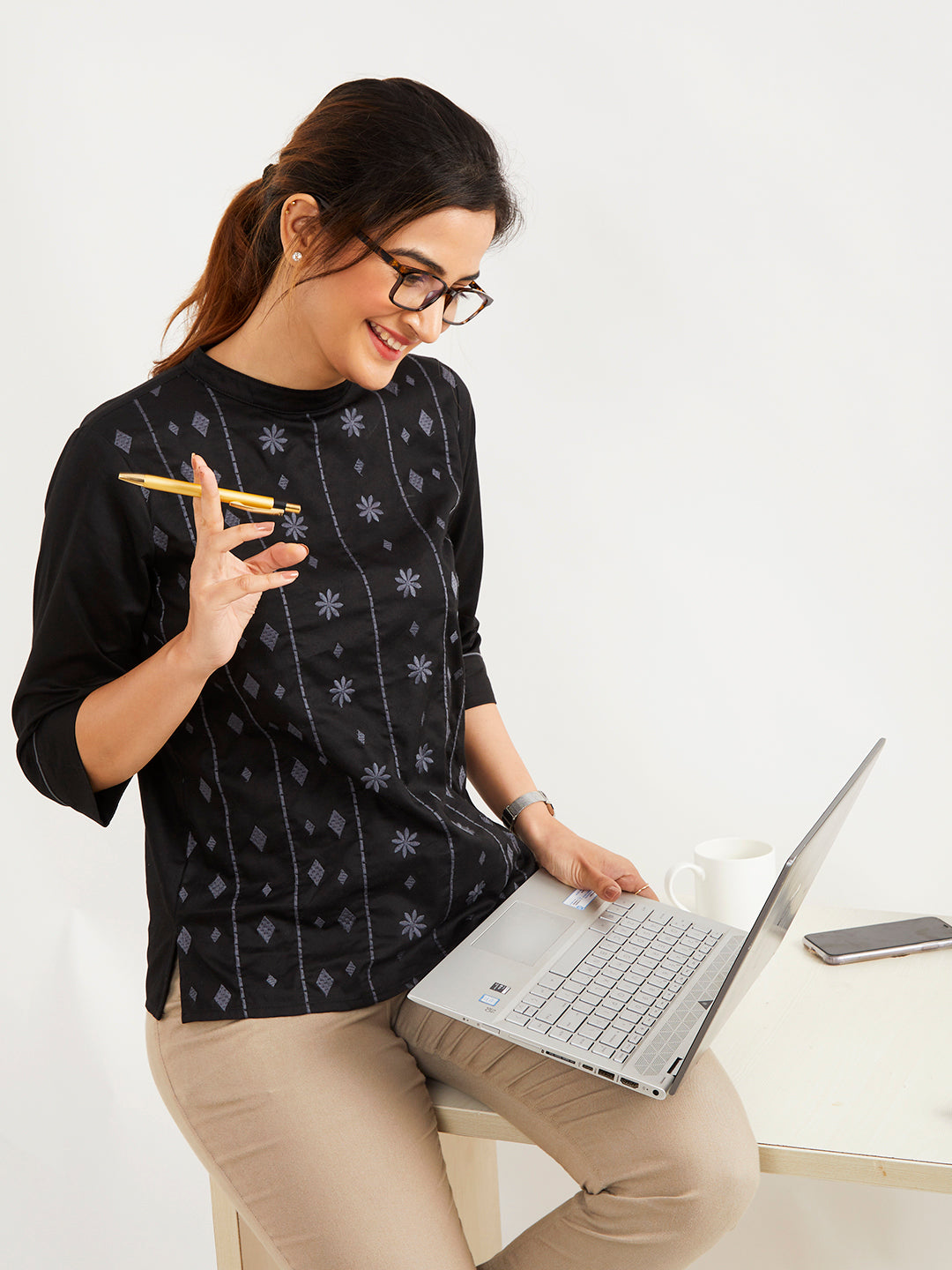 Women's Cotton Top in Black & White - Sitting