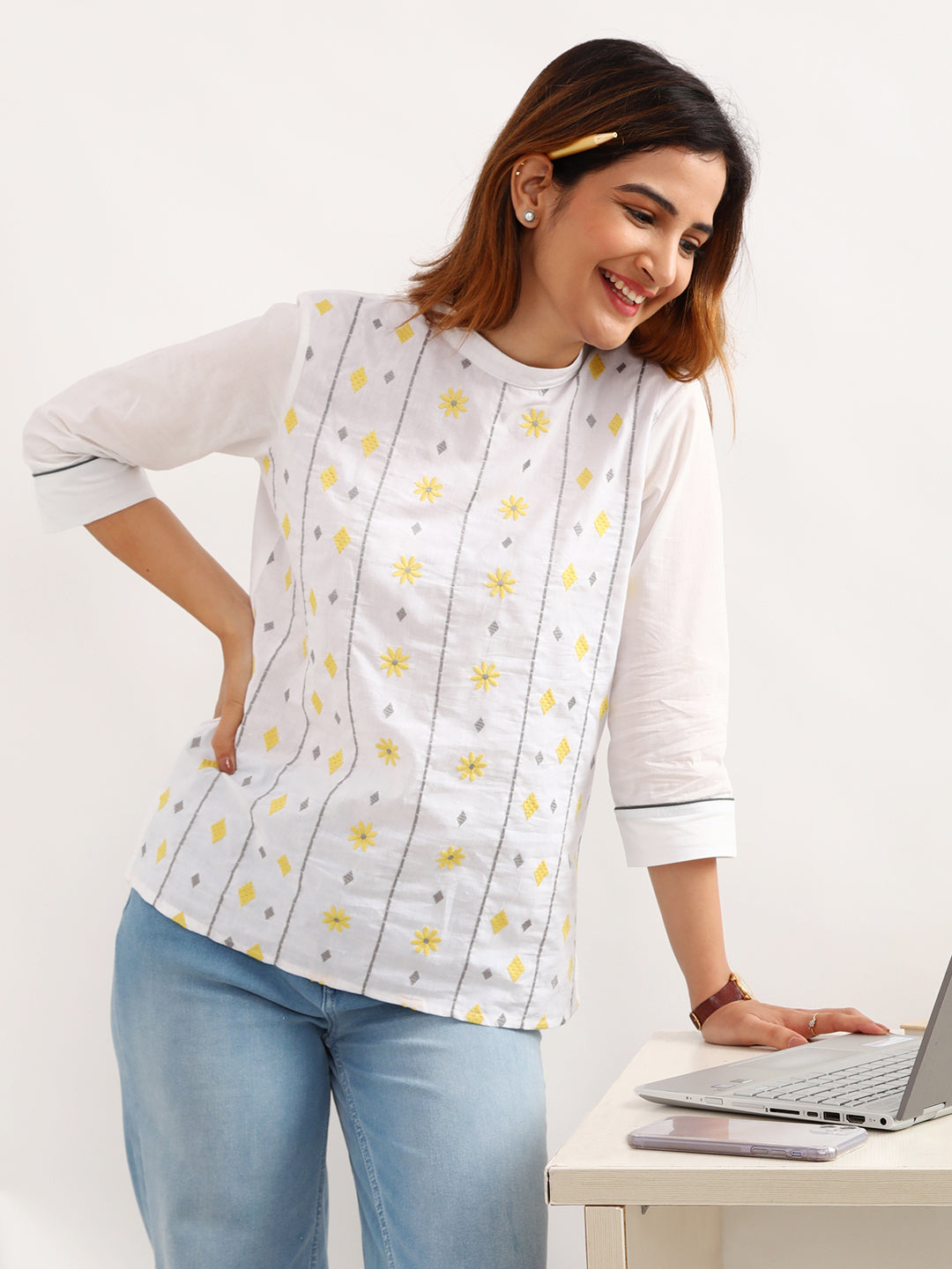 Women's Cotton Top with Yellow Daisies - Front