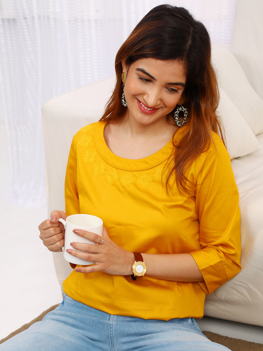 Women's Cotton Top in Yellow - Sitting 2