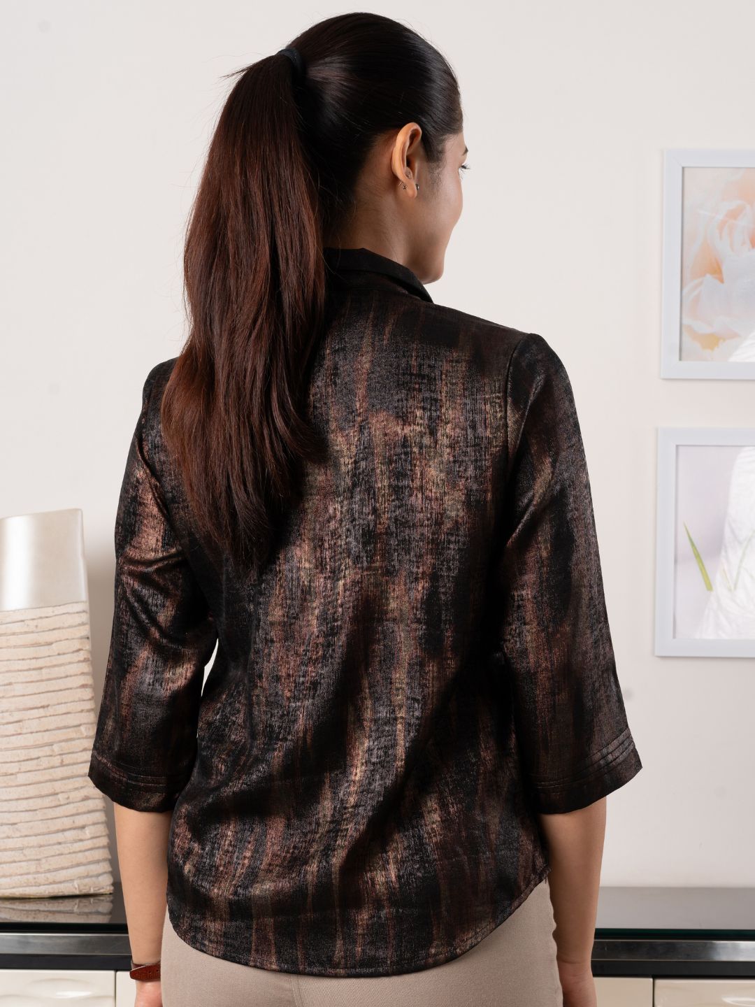 Women's Shirt in Brown and Black Satin Fabric - Back