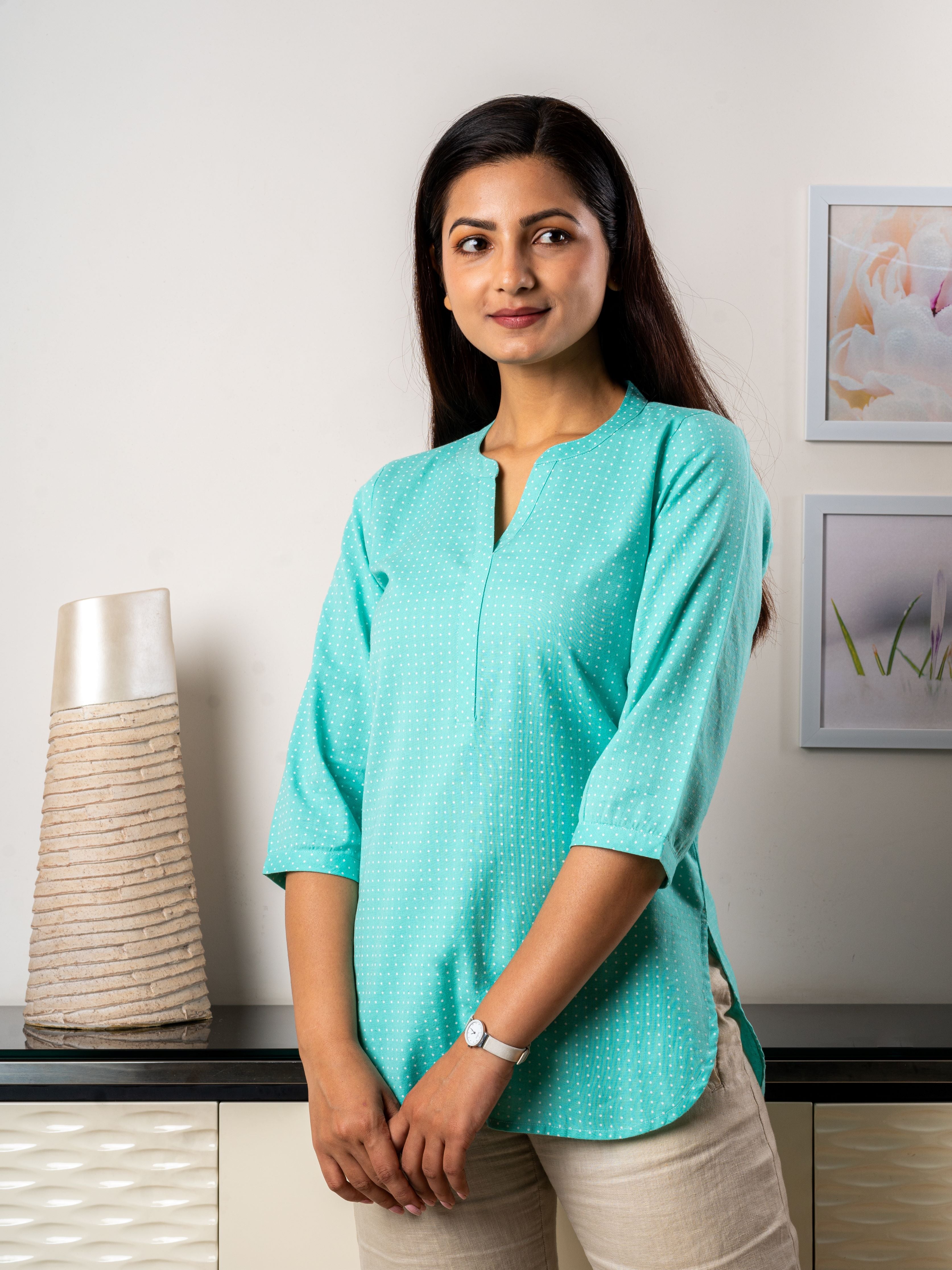 Women's Tunic in Turquoise & Cream Polka Dots - Front