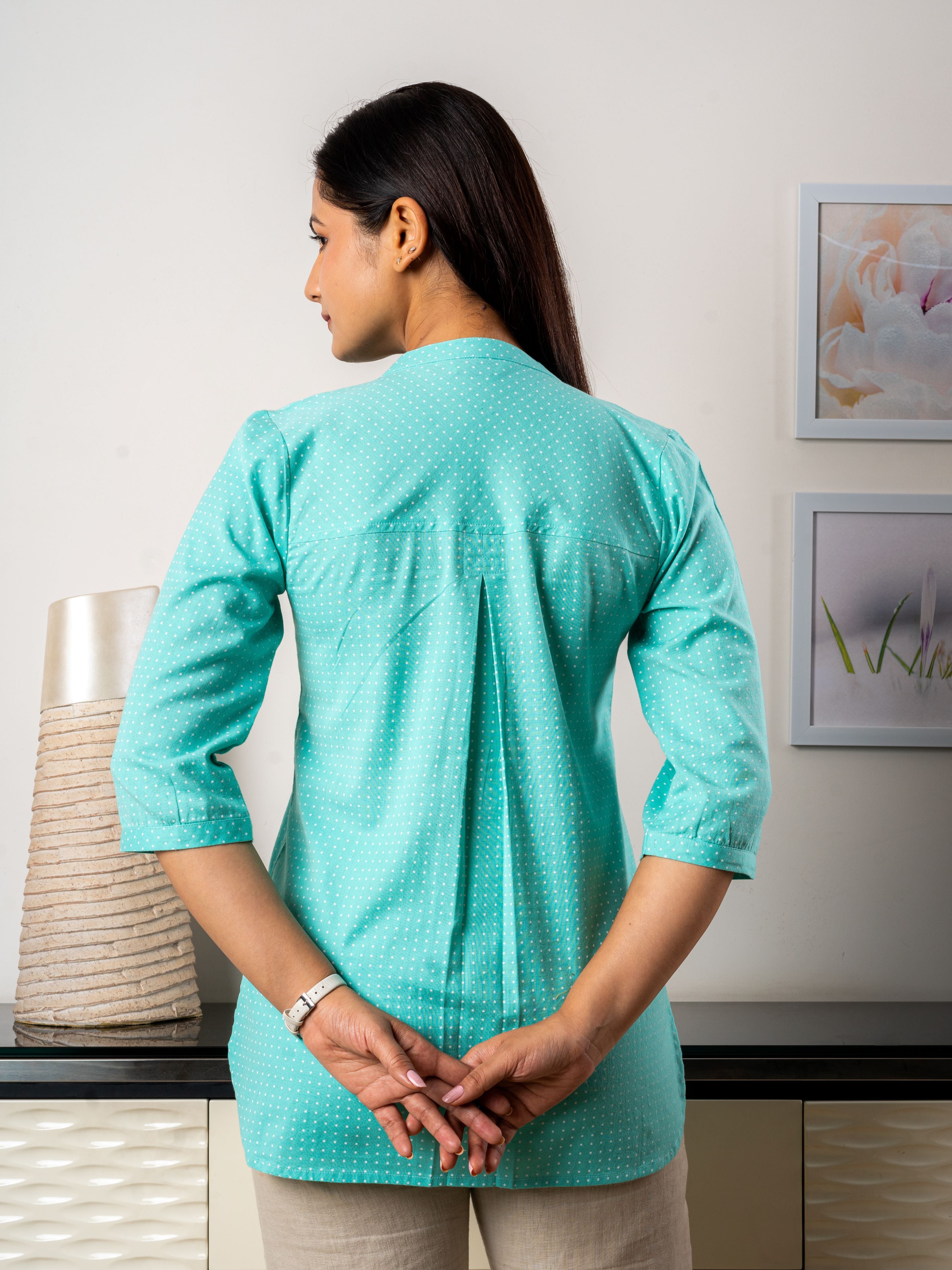 Women's Tunic in Turquoise & Cream Polka Dots - Back