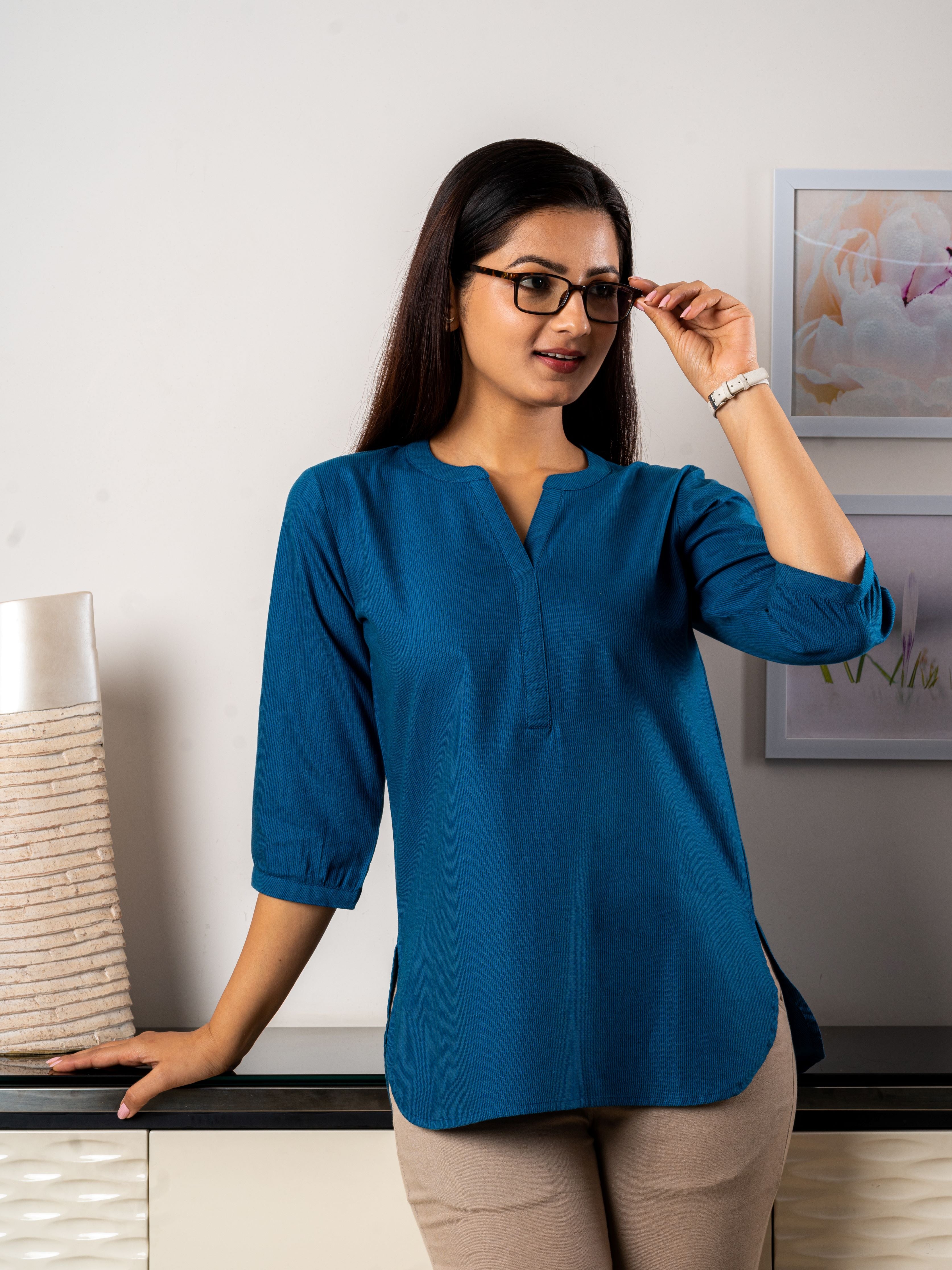 Women's Cotton Tunic in Dark Blue Stripes - Front