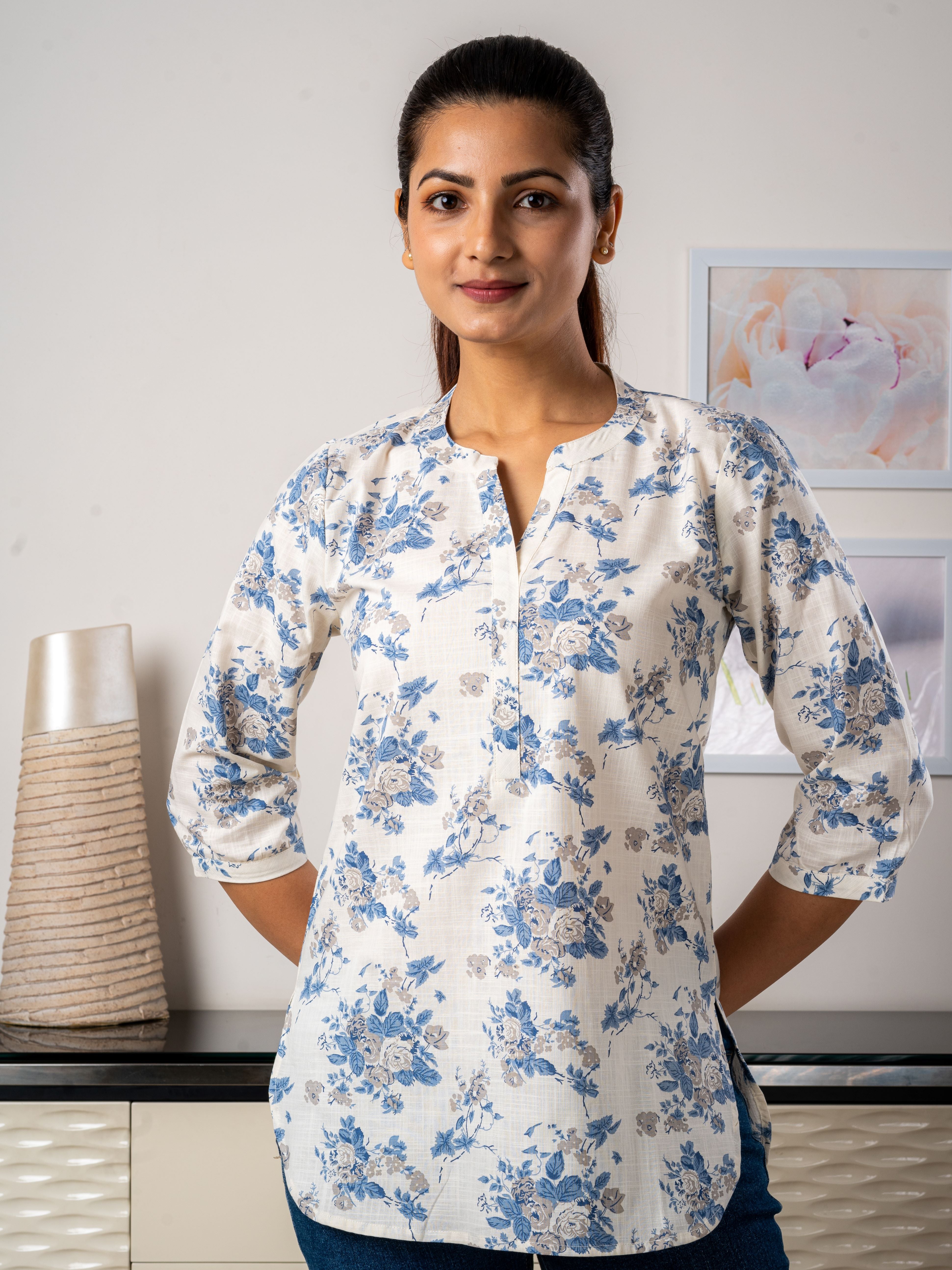 Women's Cotton Tunic in Blue Floral - Front