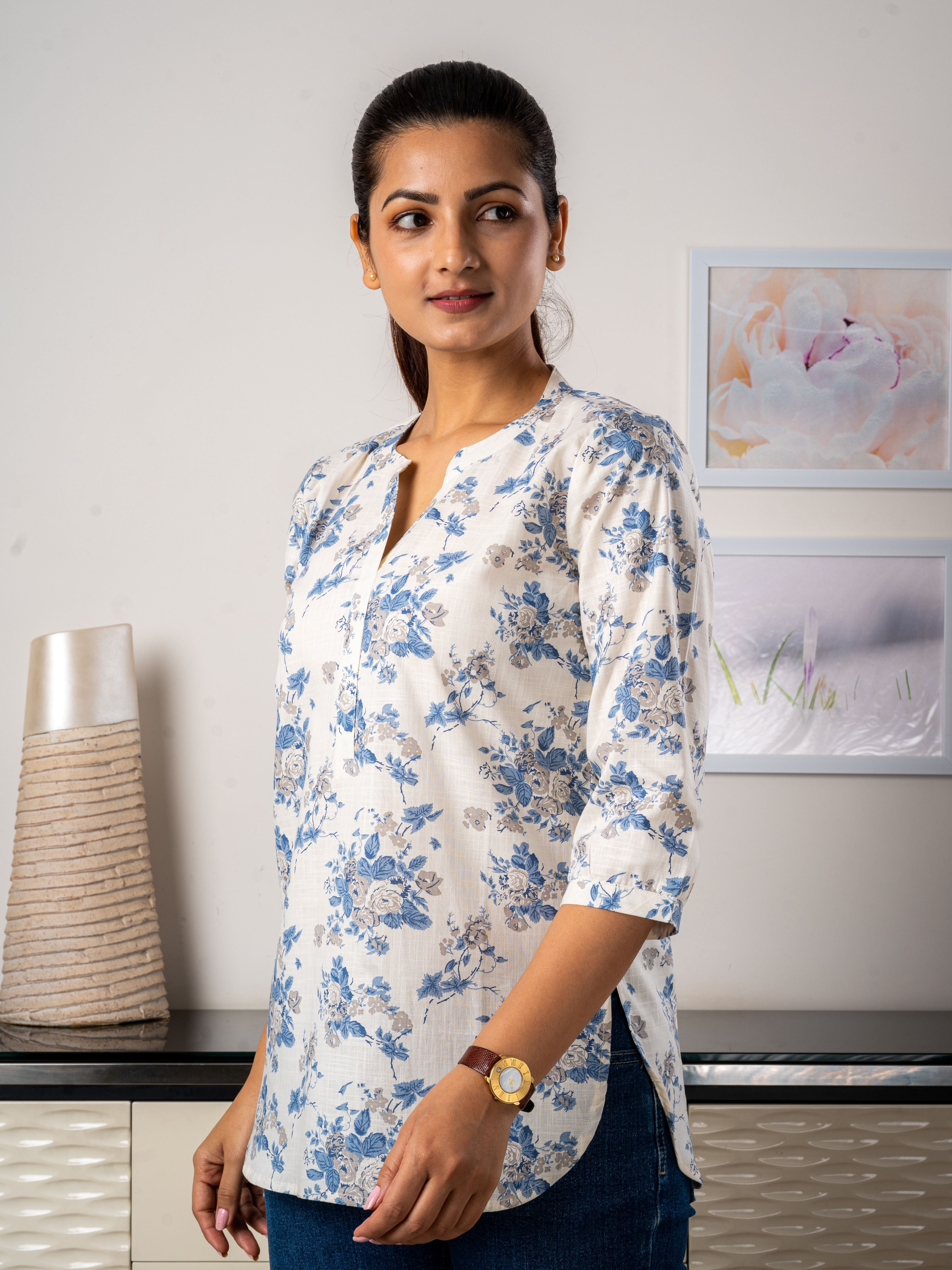 Women's Cotton Tunic in Blue Floral - Side