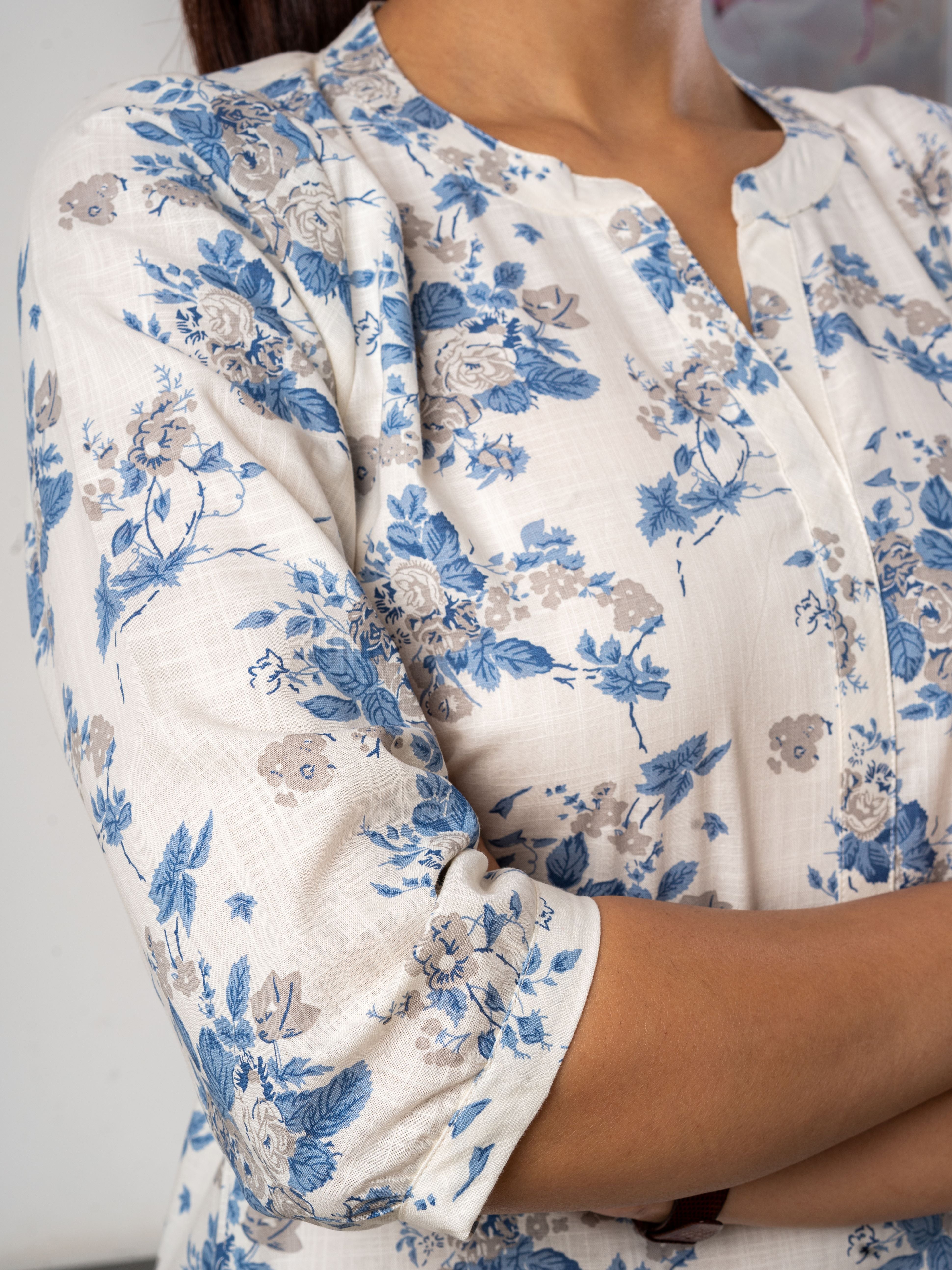 Women's Cotton Tunic in Blue Floral - Close Up
