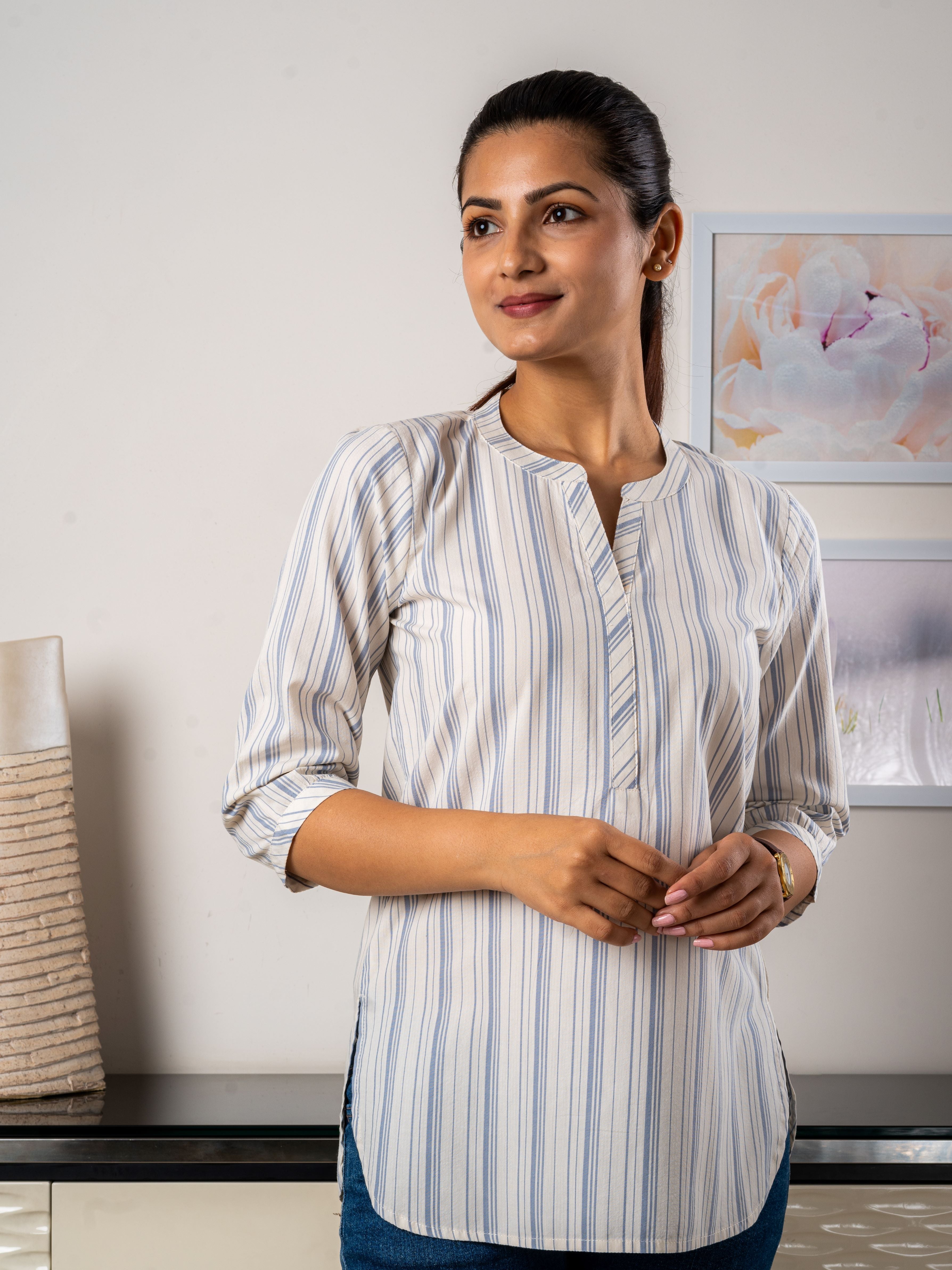 Women's Tunic in Blue Stripes - Front 2