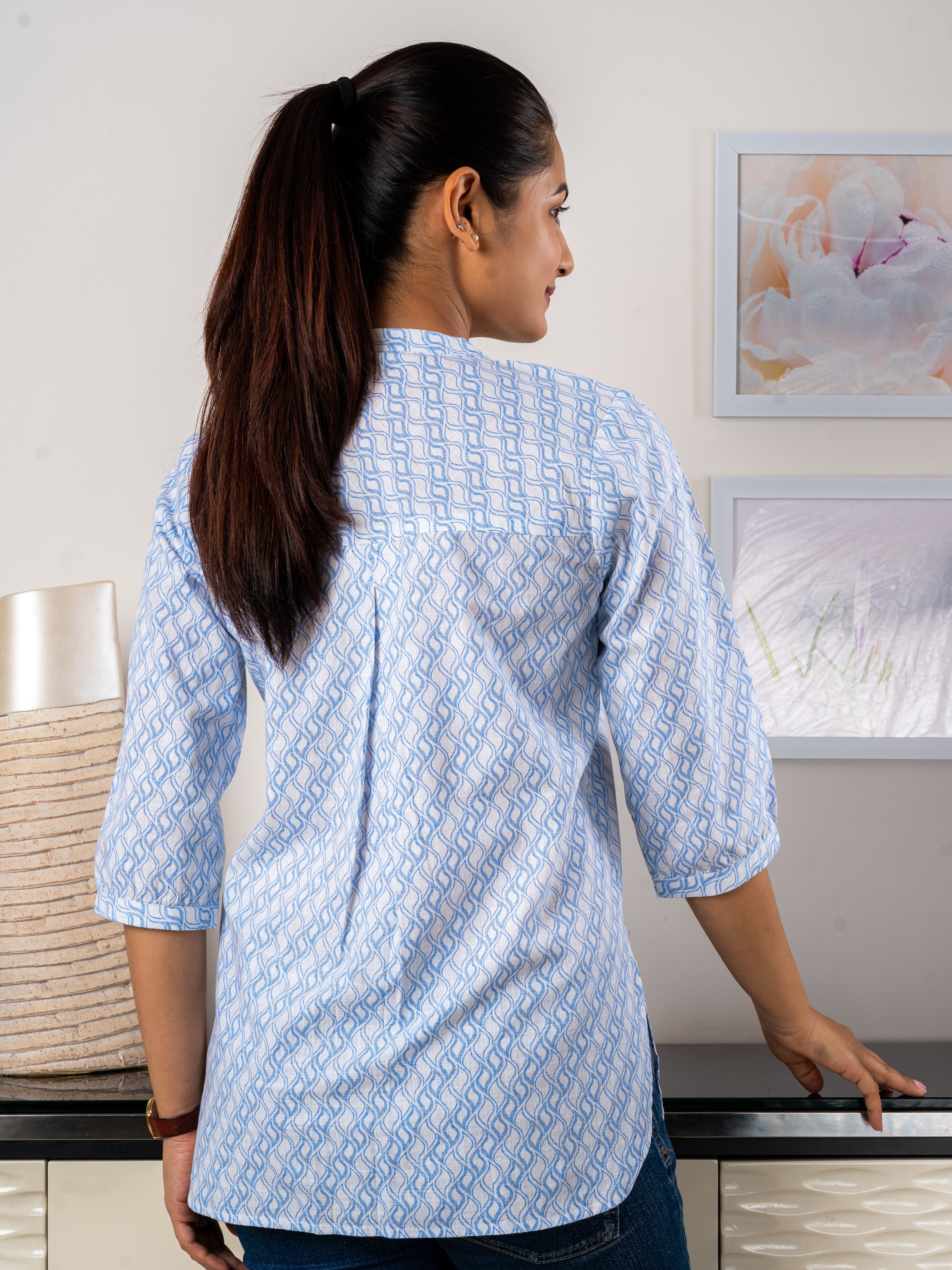 Women's Tunic in Blue Printed Fabric - Back