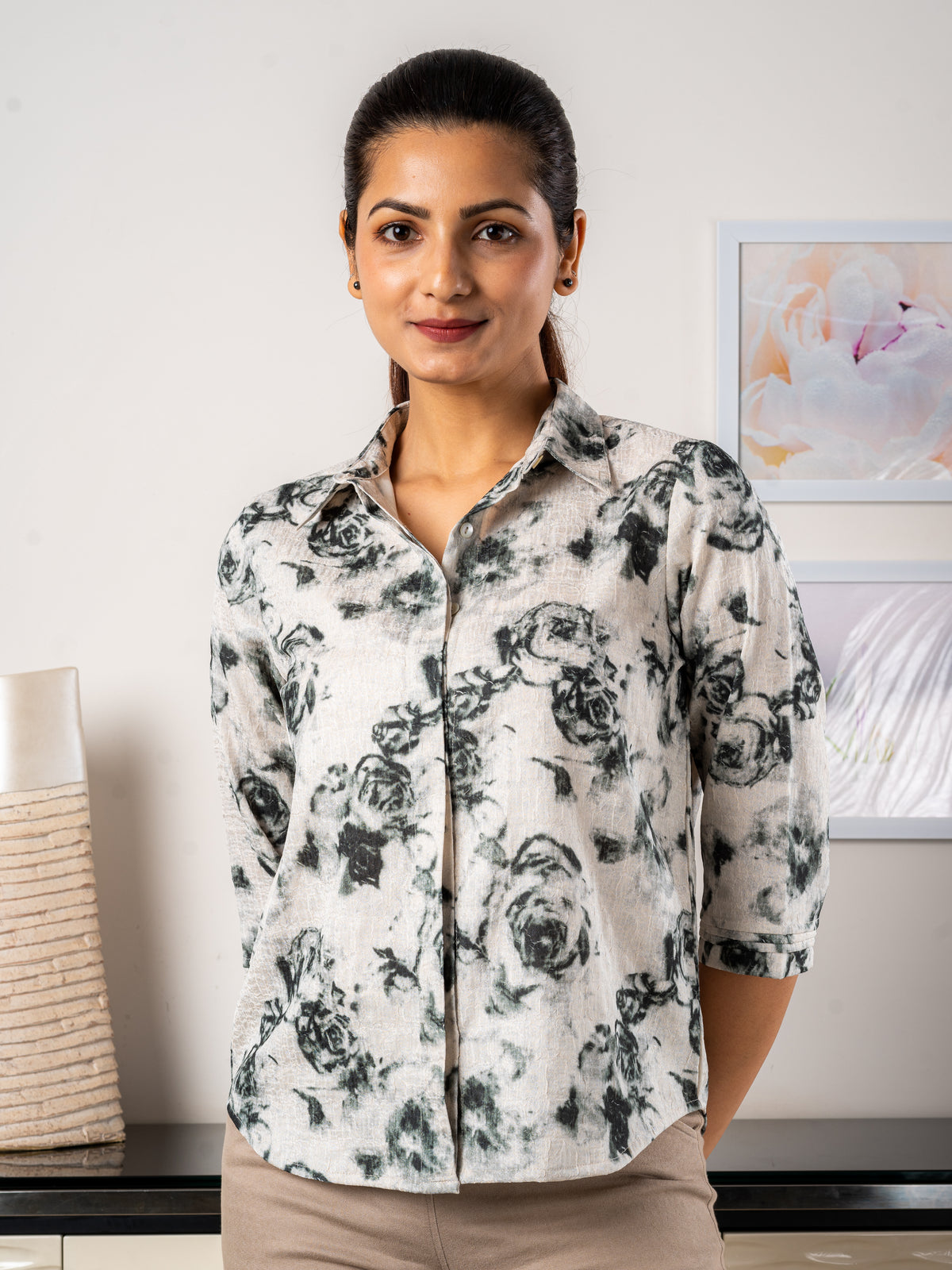 Rhea Textured Shirt - Women's Premium Shirt in Green Floral Print