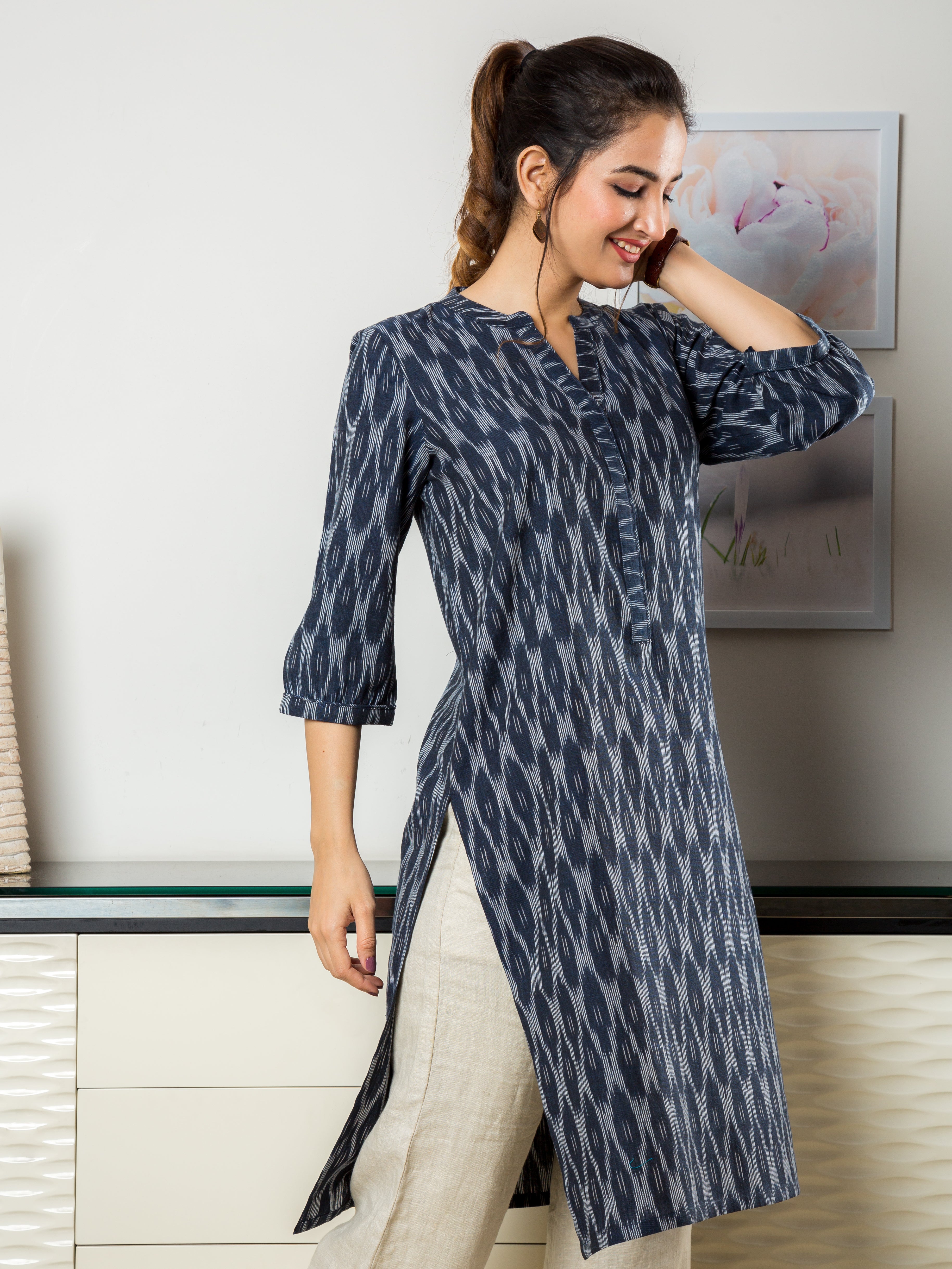 Women's Long Tunic in Blue and White Ikkat - Side