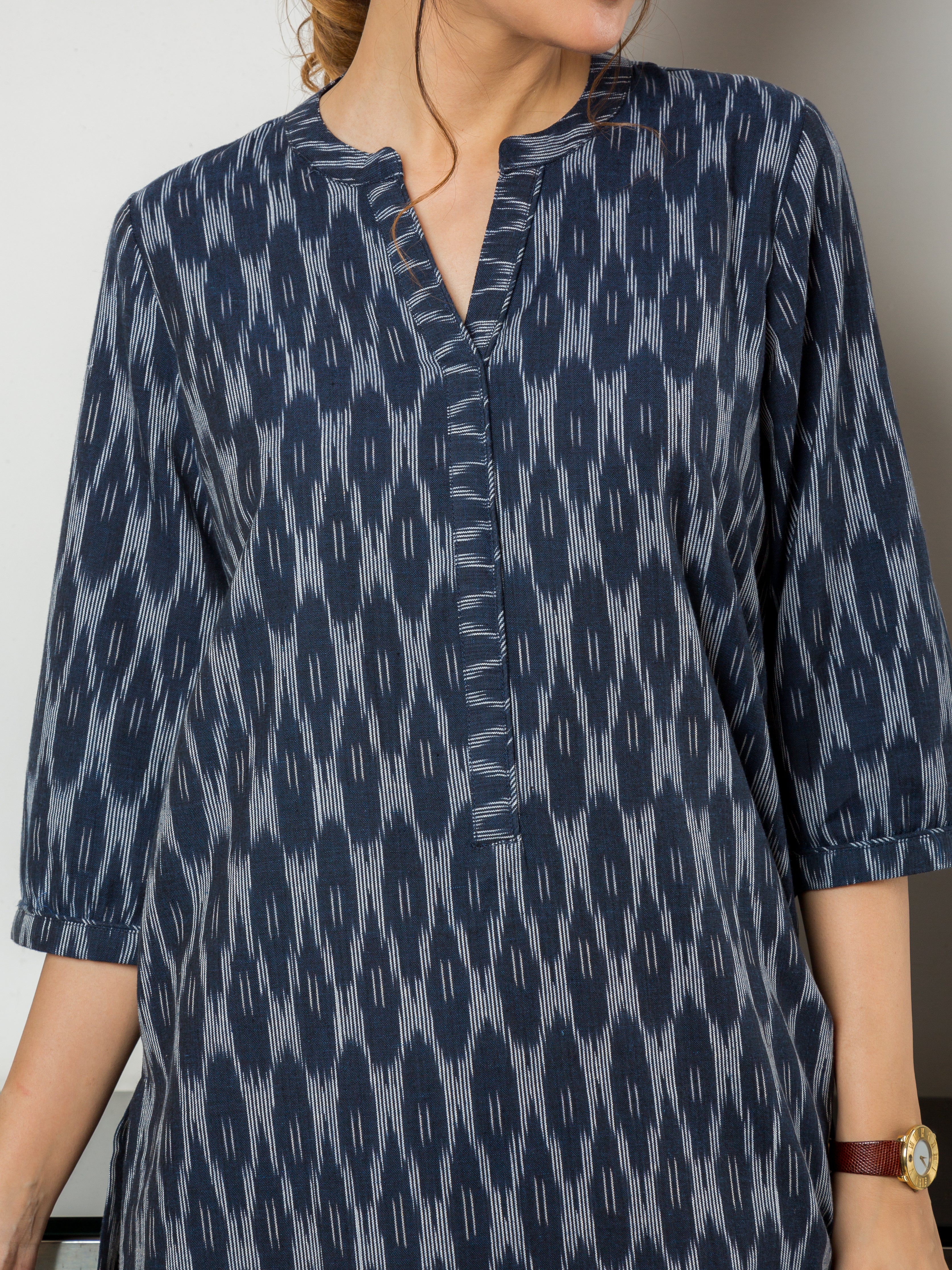 Women's Long Tunic in Blue and White Ikkat - Close Up