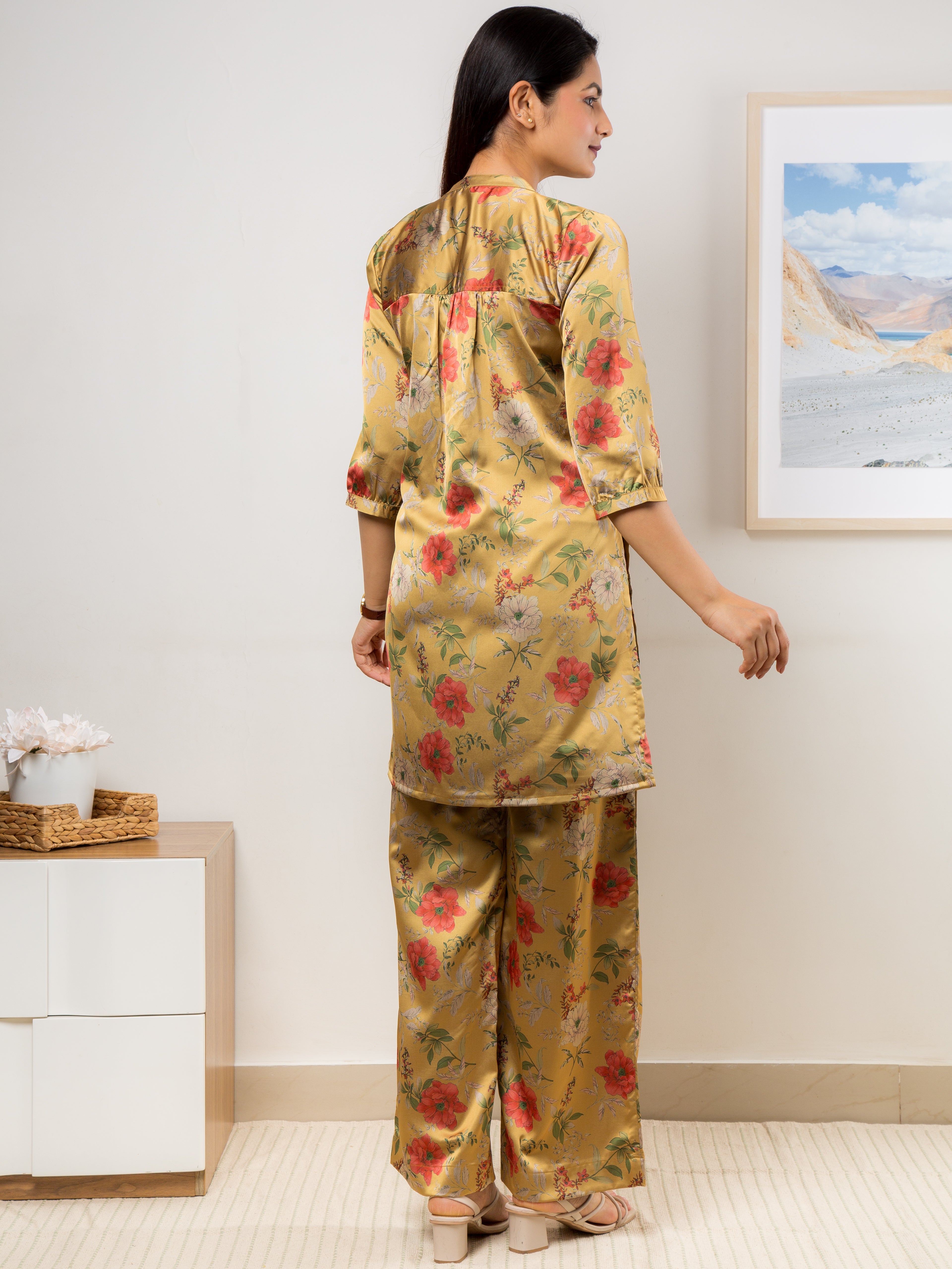 Women's Satin Co-ord Set in Yellow & Red Floral Print - Back