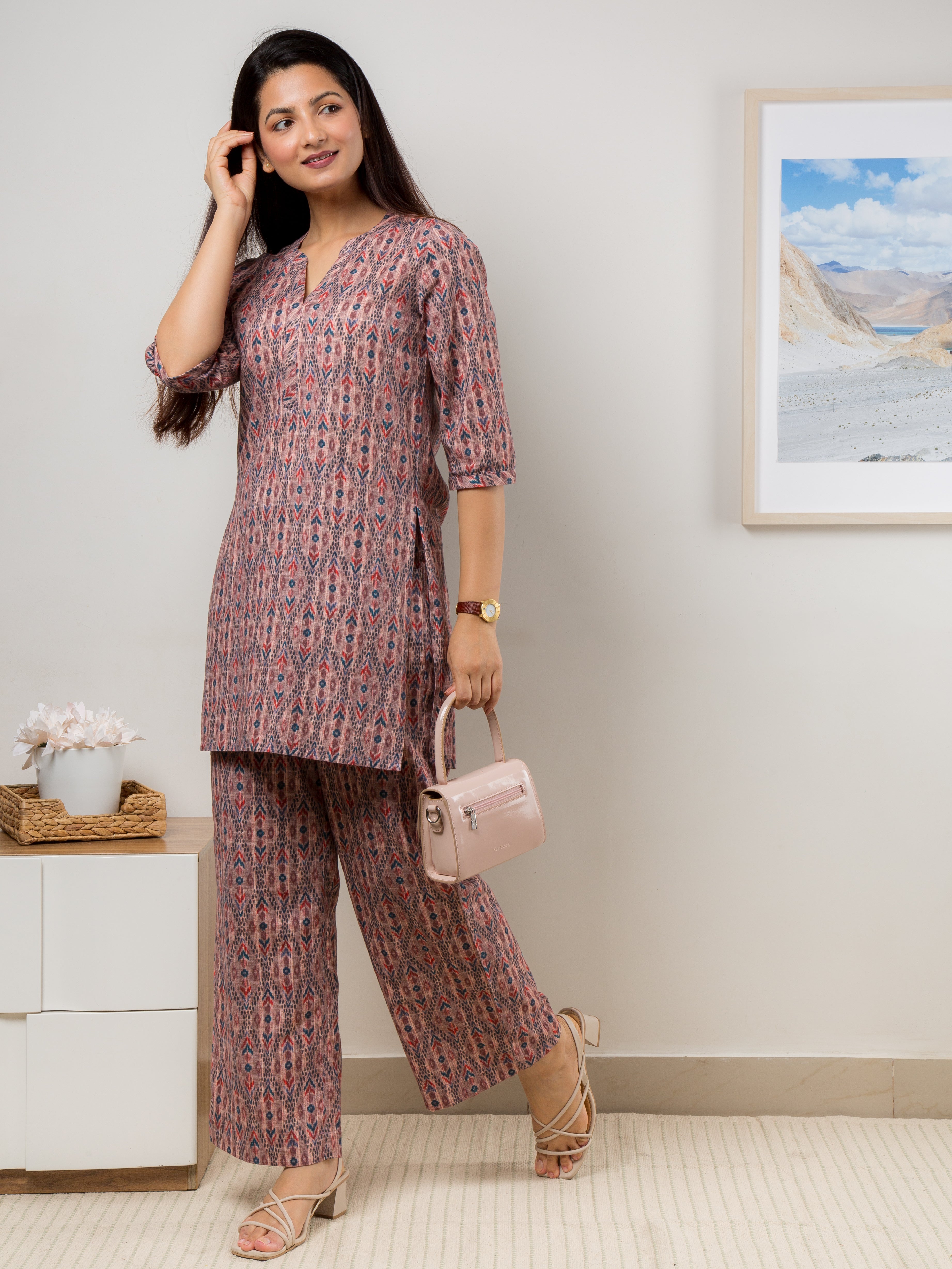 Women's Co-ord Sets - Multicolor printd on brown Tunic with pants - Front