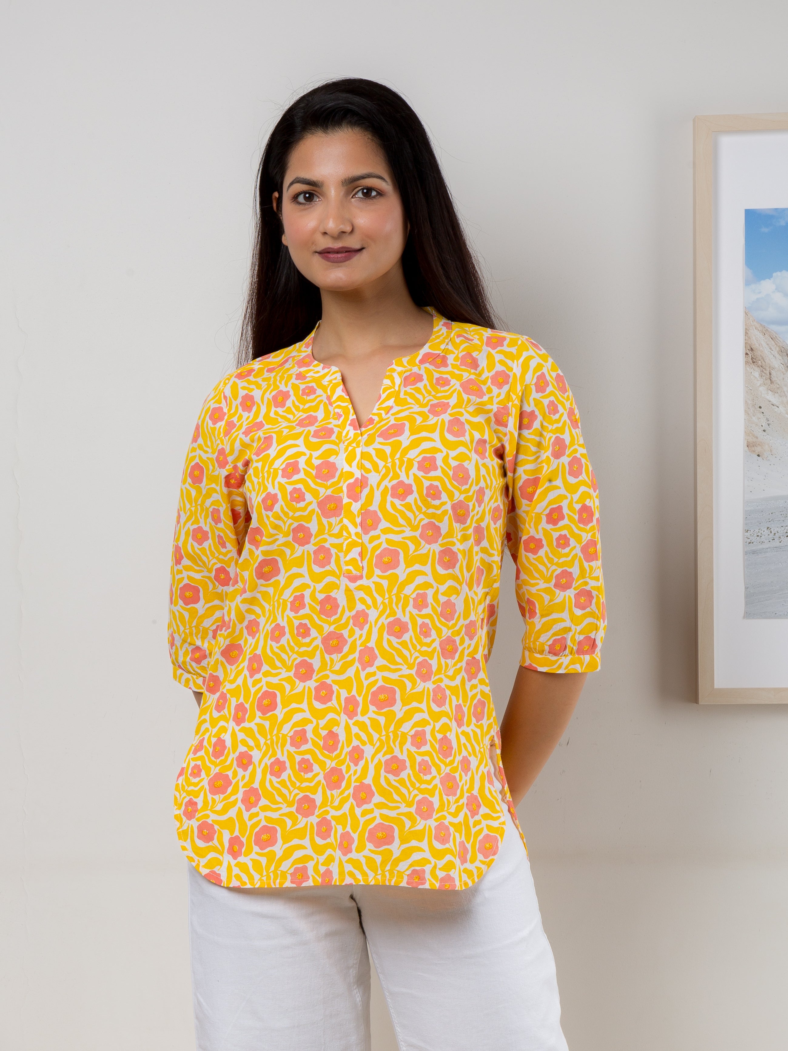 Women's Tunic in Yellow & Pink Floral Print - Front