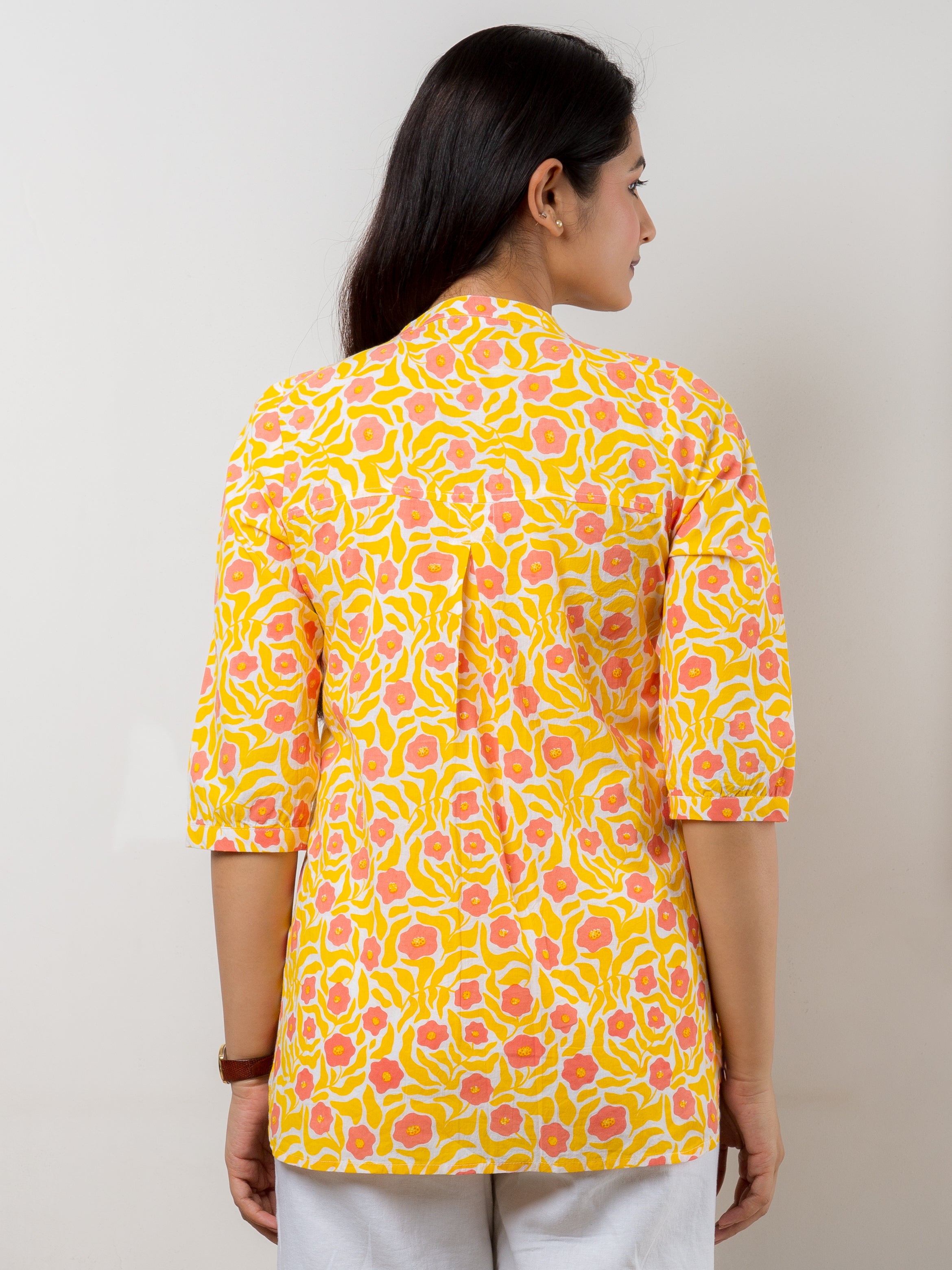Women's Tunic in Yellow & Pink Floral Print - Back