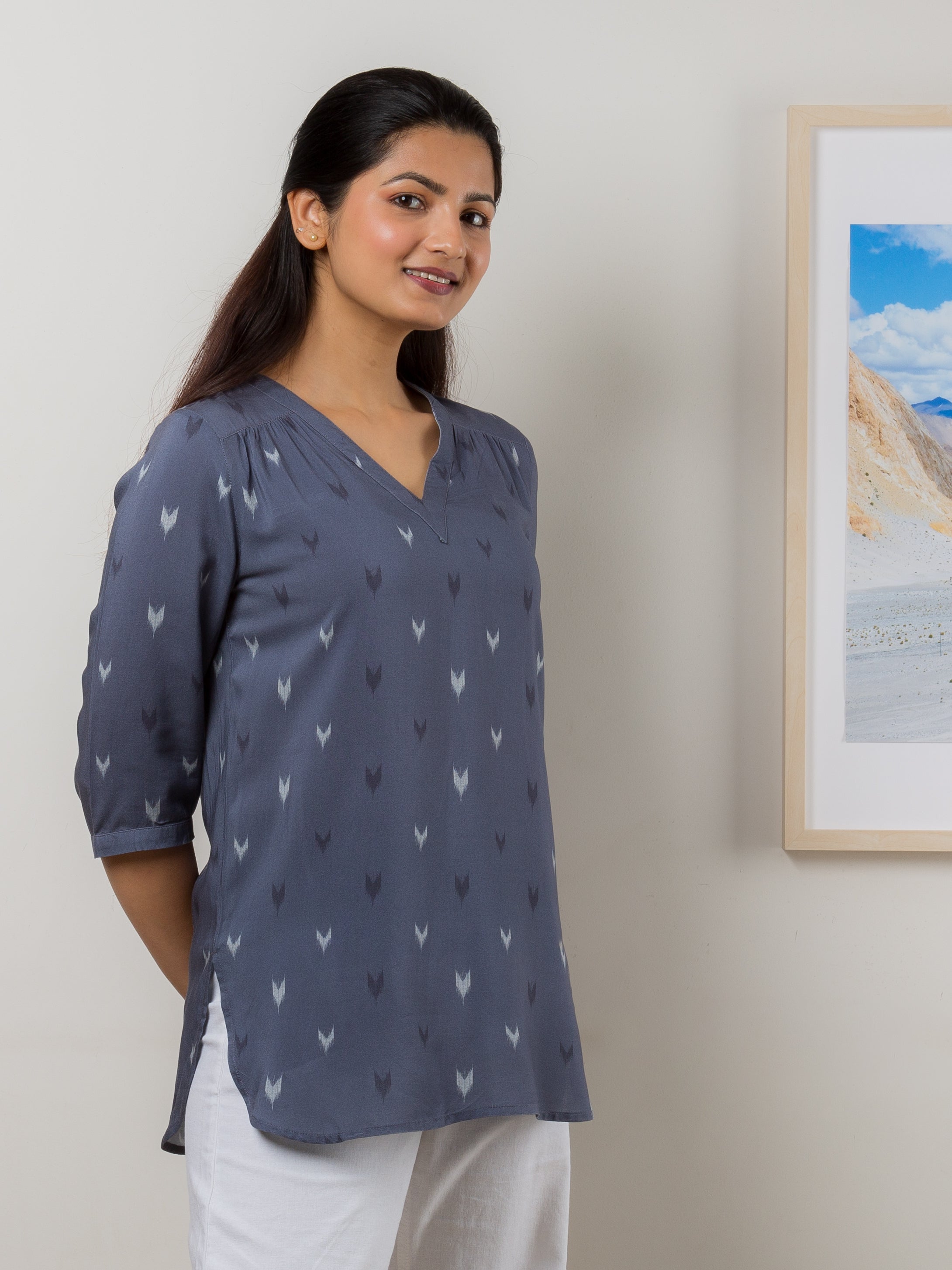Women's Cotton Tunic in Blue V-Neck - Side