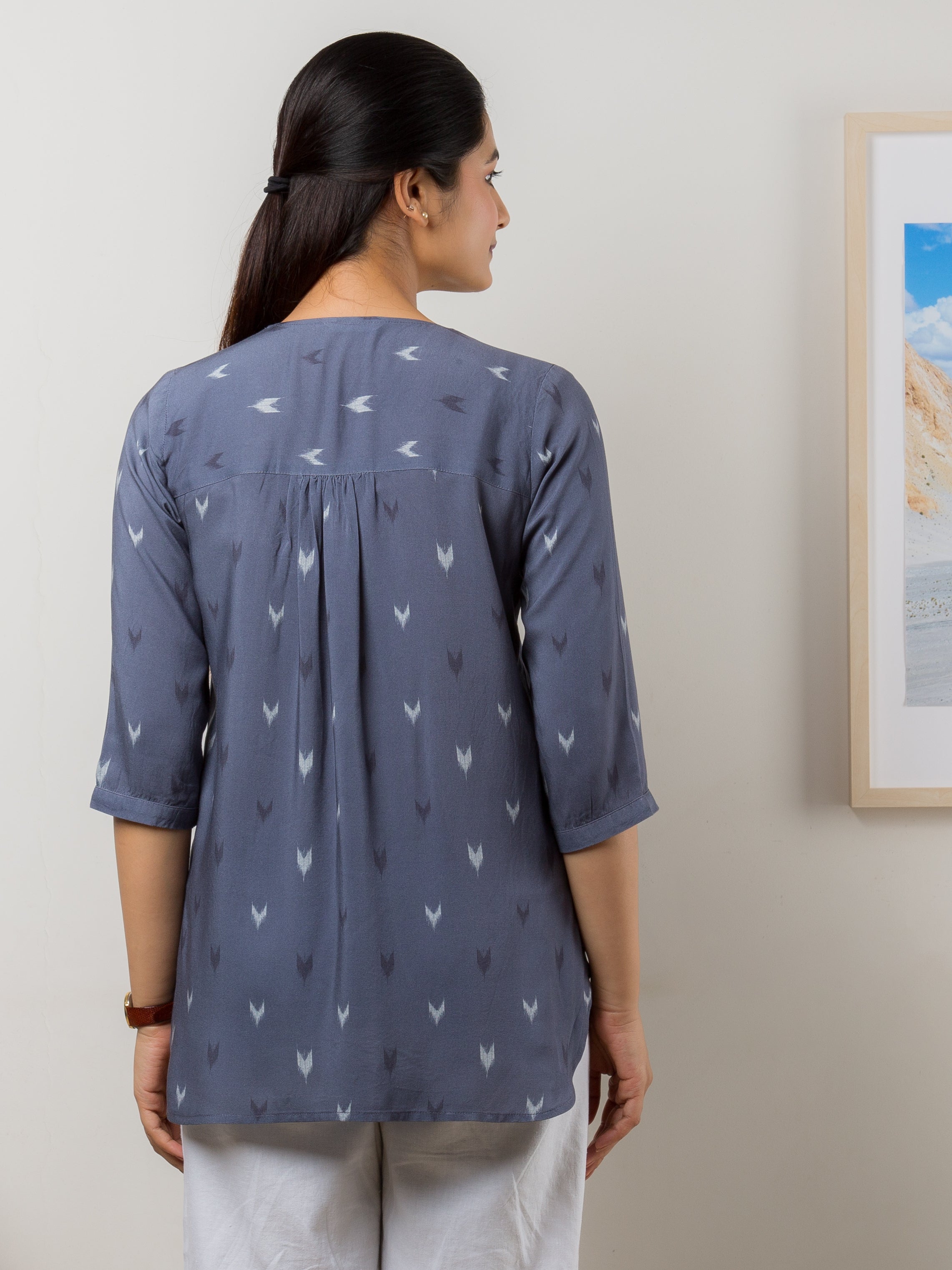 Women's Cotton Tunic in Blue V-Neck - Back