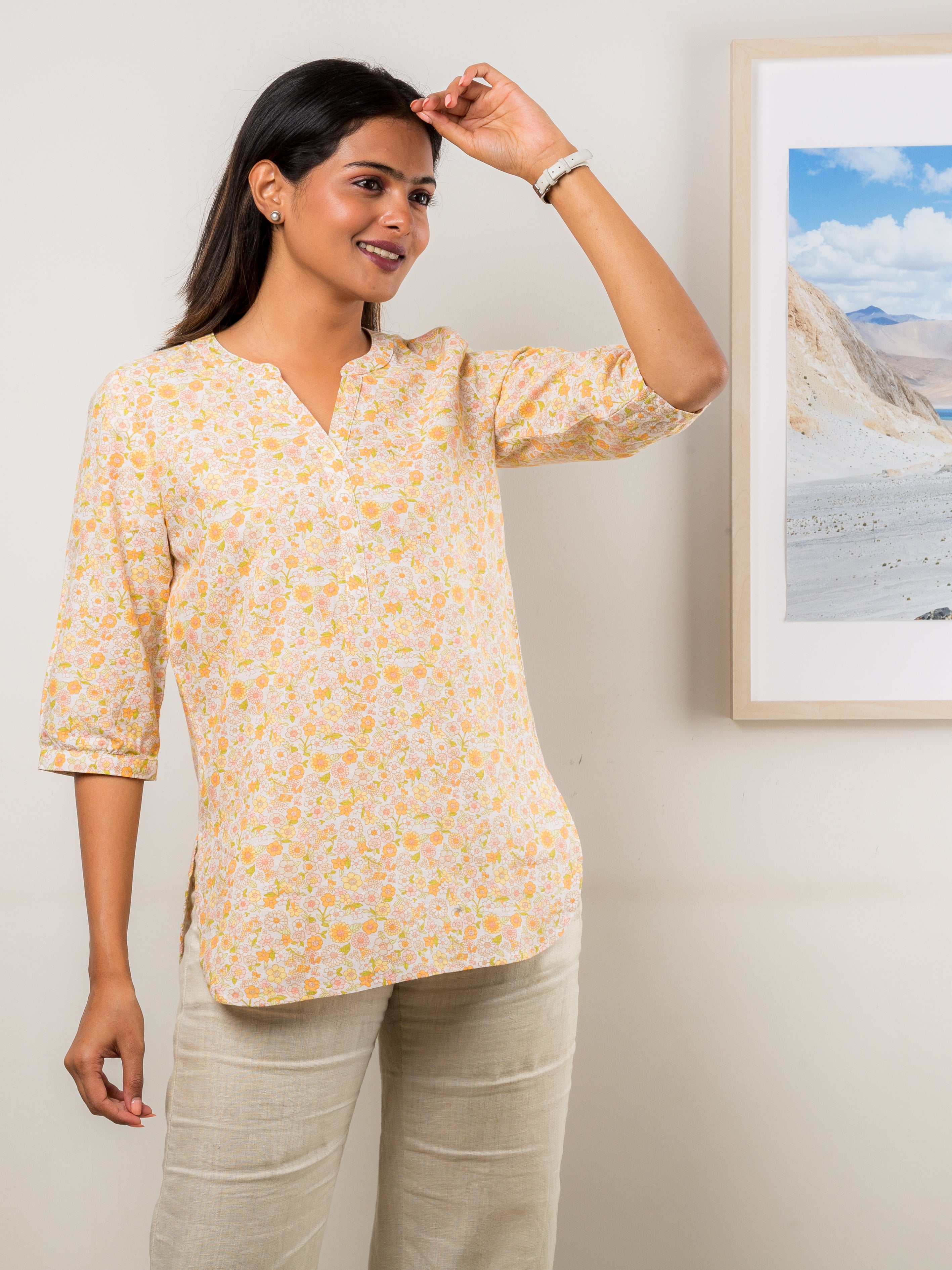 Women's Tunic in Yellow Floral Print - Side