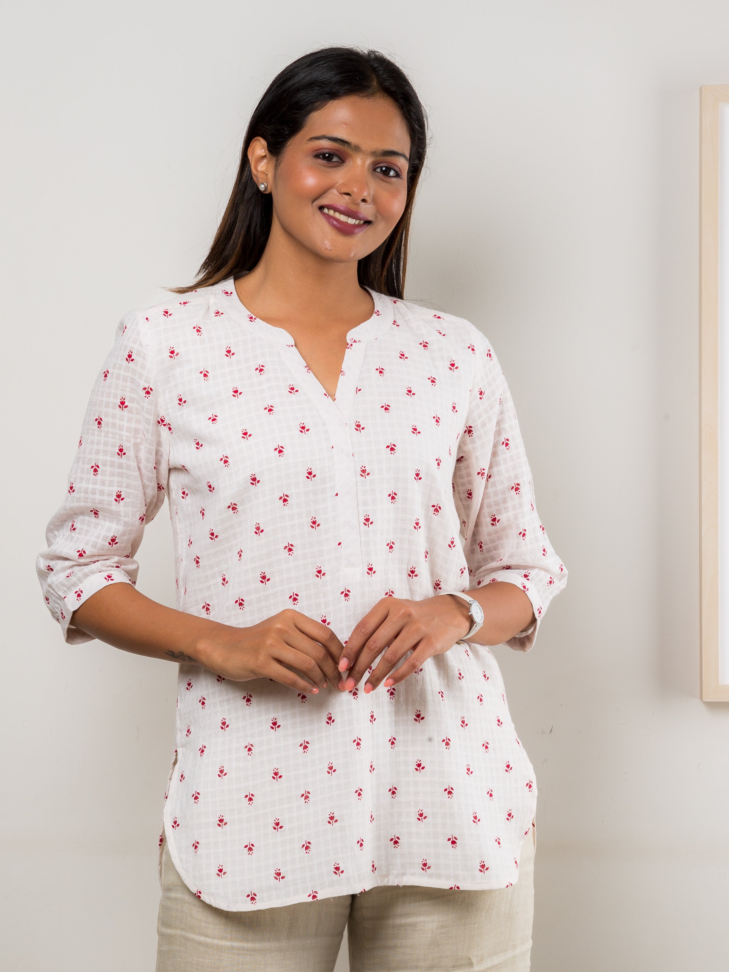 Women's Cotton Tunic in Red Floral Print - Front