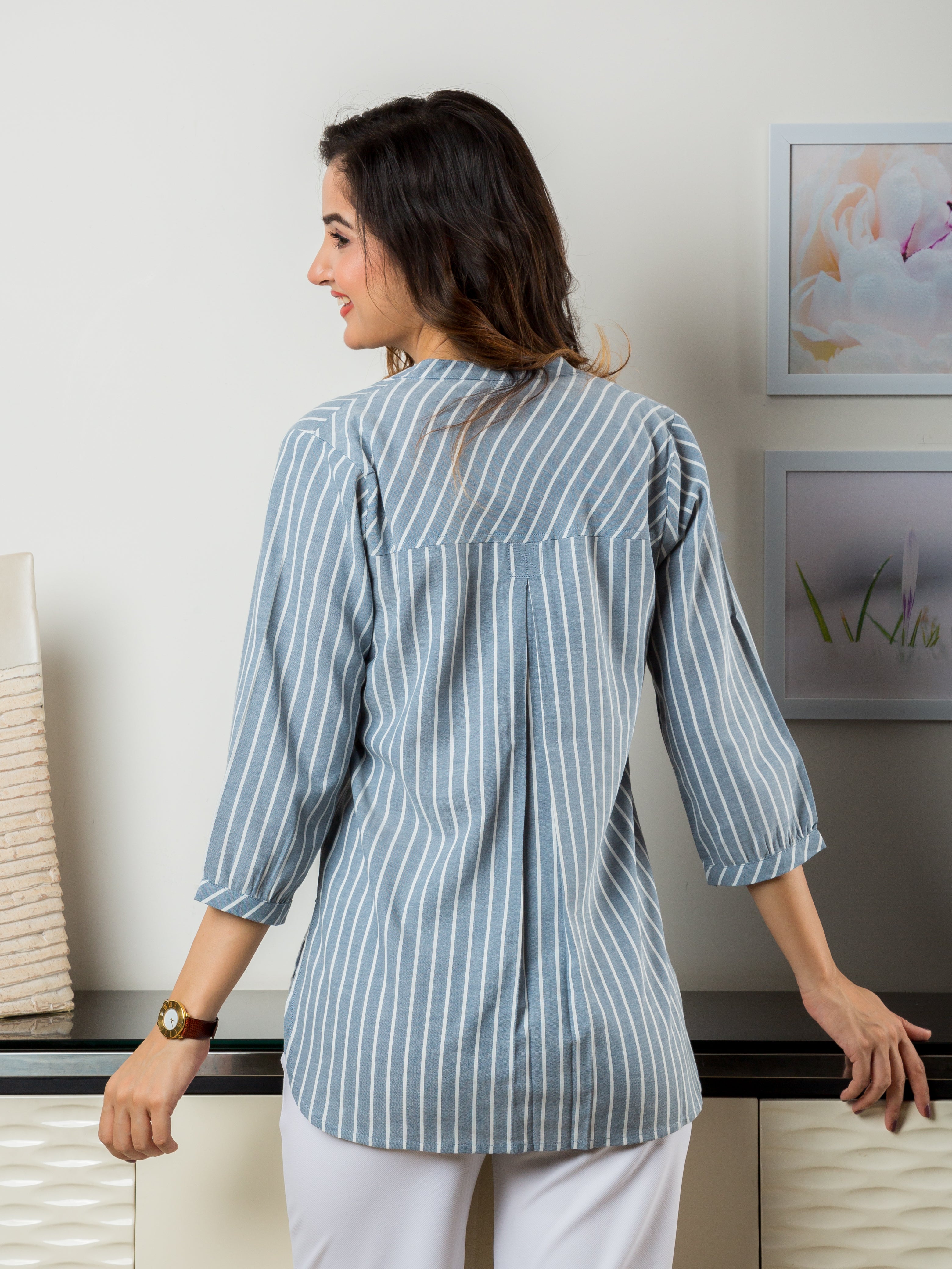 Women's Cotton Tunic in Grey Stripes - Back