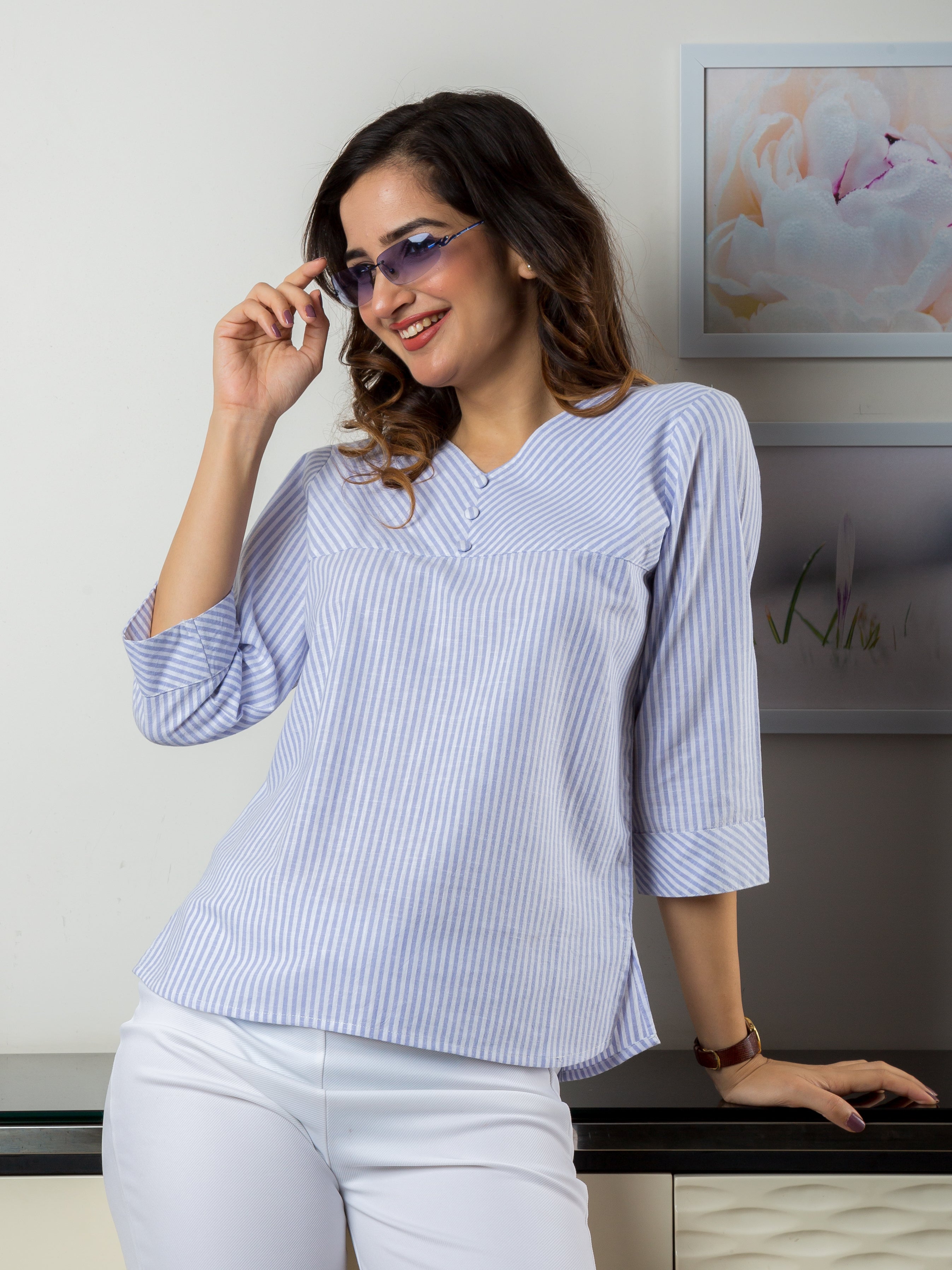 Women's Cotton Top in Blue Stripes - Front 2